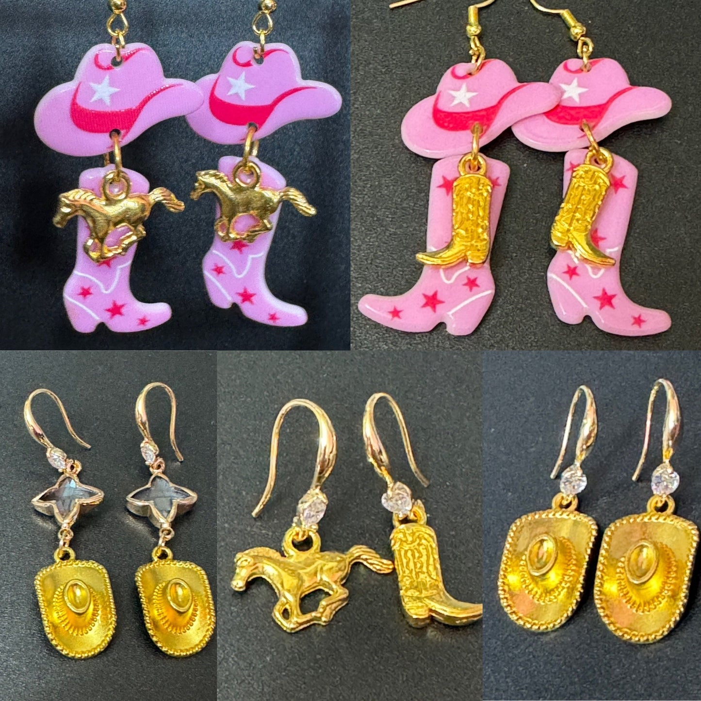 18k gold plated earwires  mismatched diamanté cowboy boot and horse dangly earrings Yellowstone Texas jewellery pierced