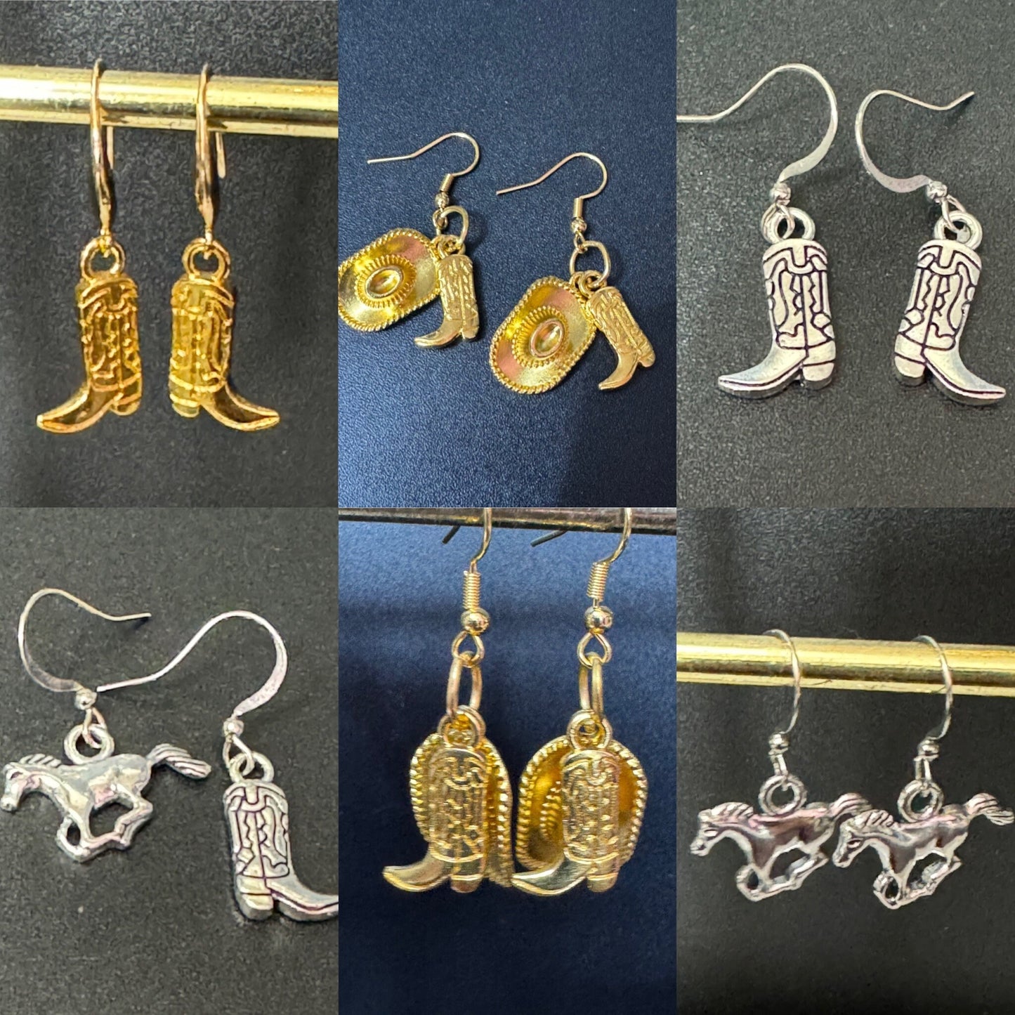 18k gold plated earwires  mismatched diamanté cowboy boot and horse dangly earrings Yellowstone Texas jewellery pierced