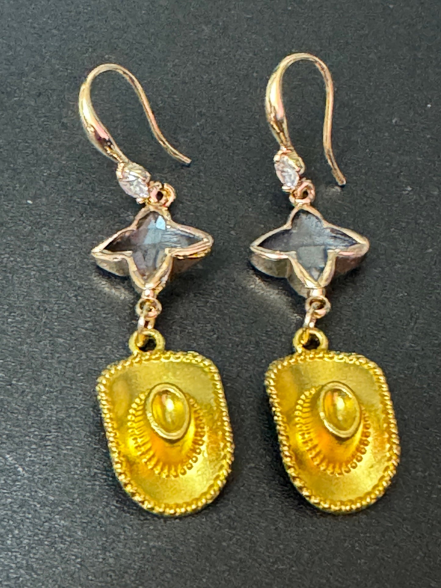 18k gold plated crystal cowboy hat long dangly earrings Yellowstone jewellery pierced