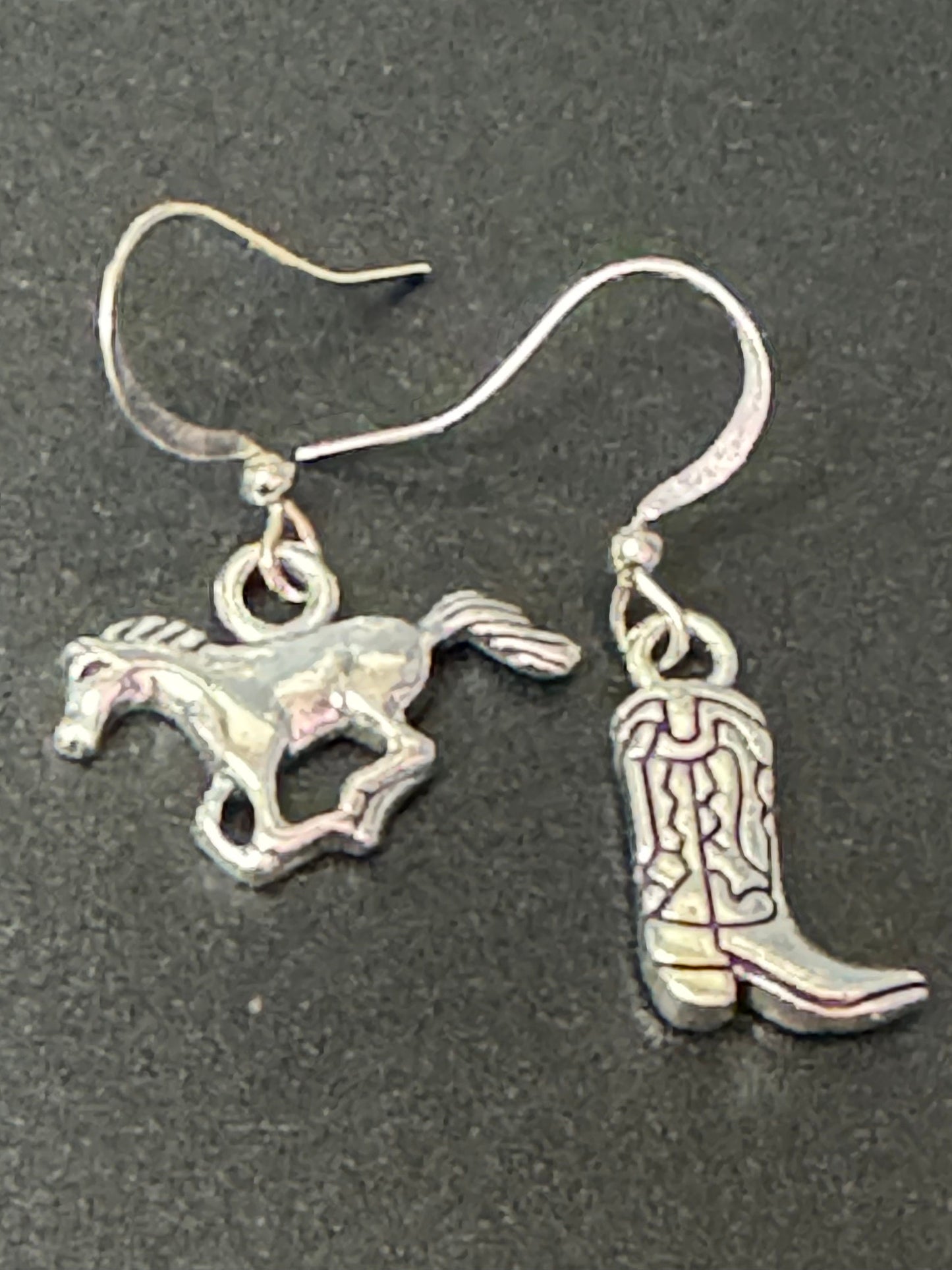 silver tone mismatched cowboy boots and horse small dangly earrings Dolly Parton western jewellery pierced