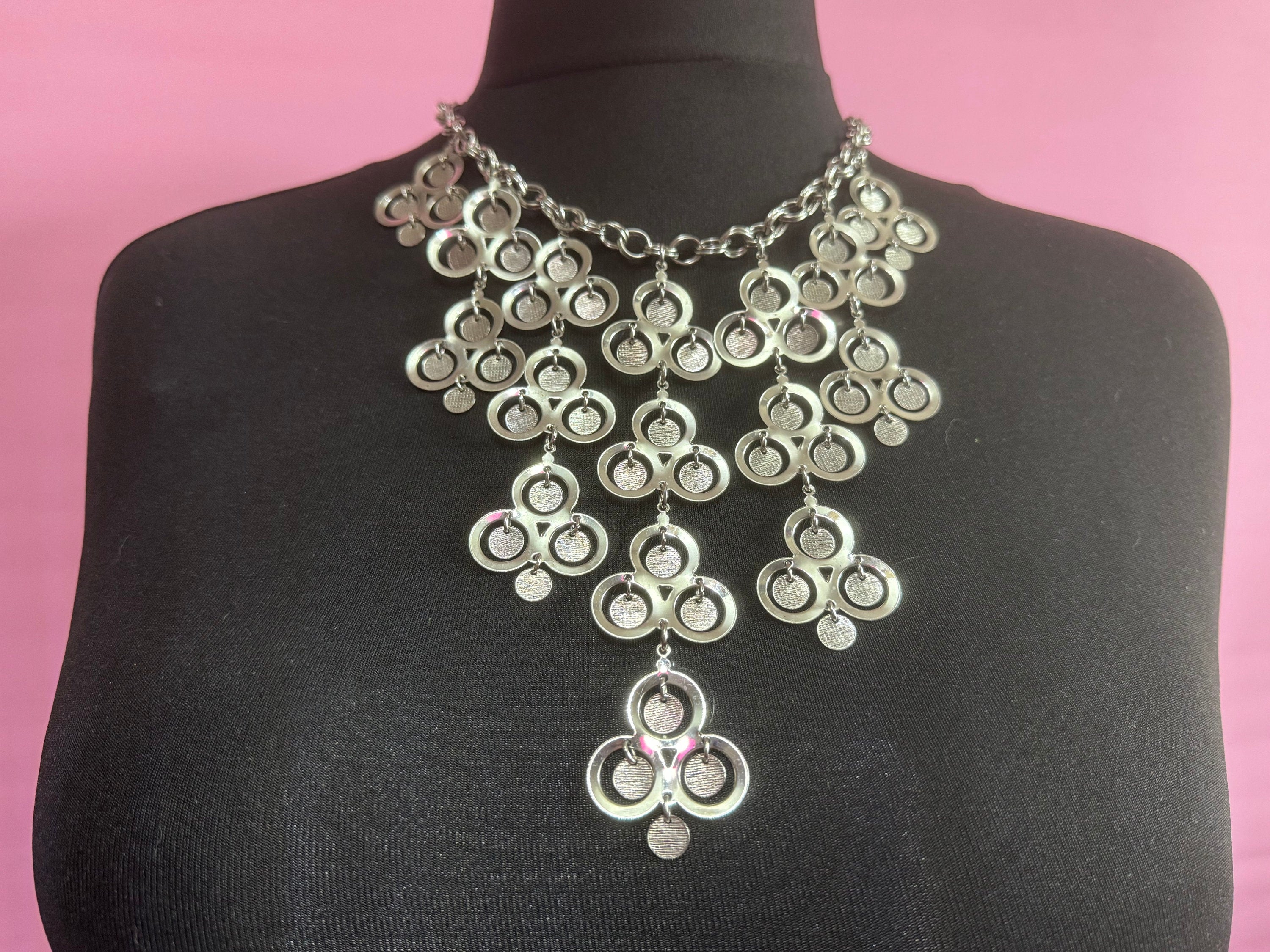 Vintage Modernist silver tone disc bib choker necklace