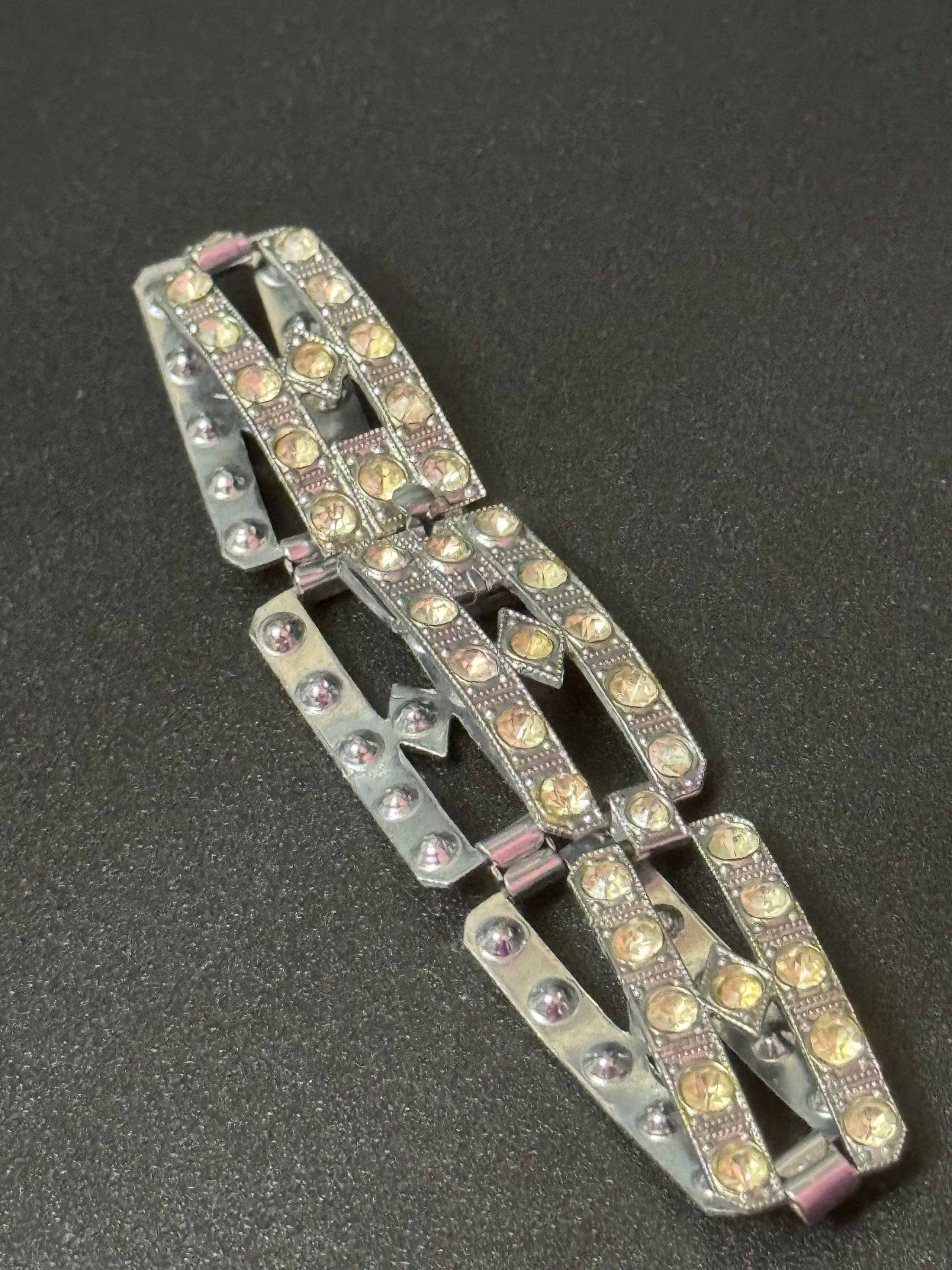 Art deco Chrome Paste Rhinestone Diamanté Panel Link Bracelet antique