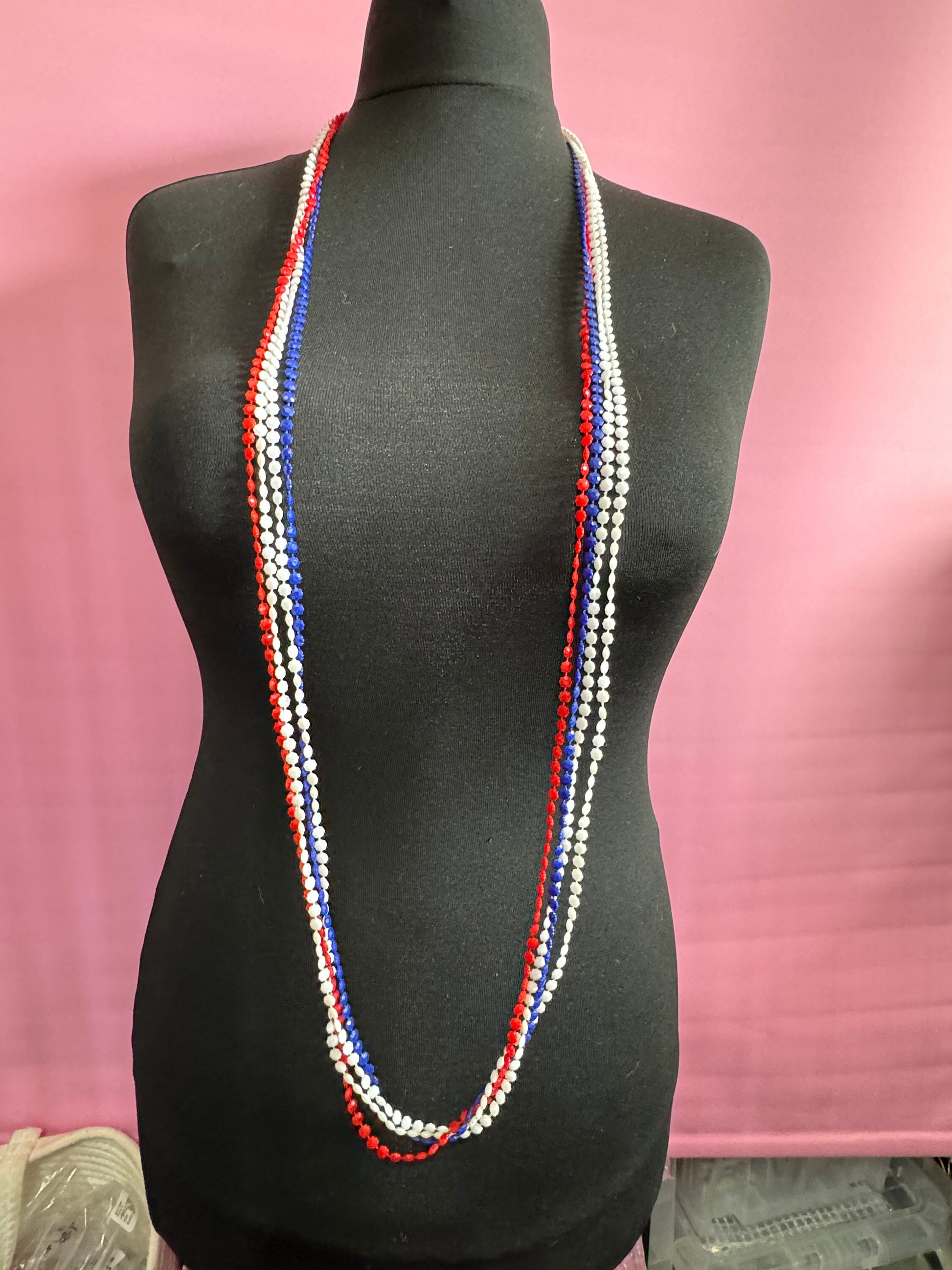 1960s patriotic USA UK France red white blue fixed plastic beaded Multistrand long necklaces