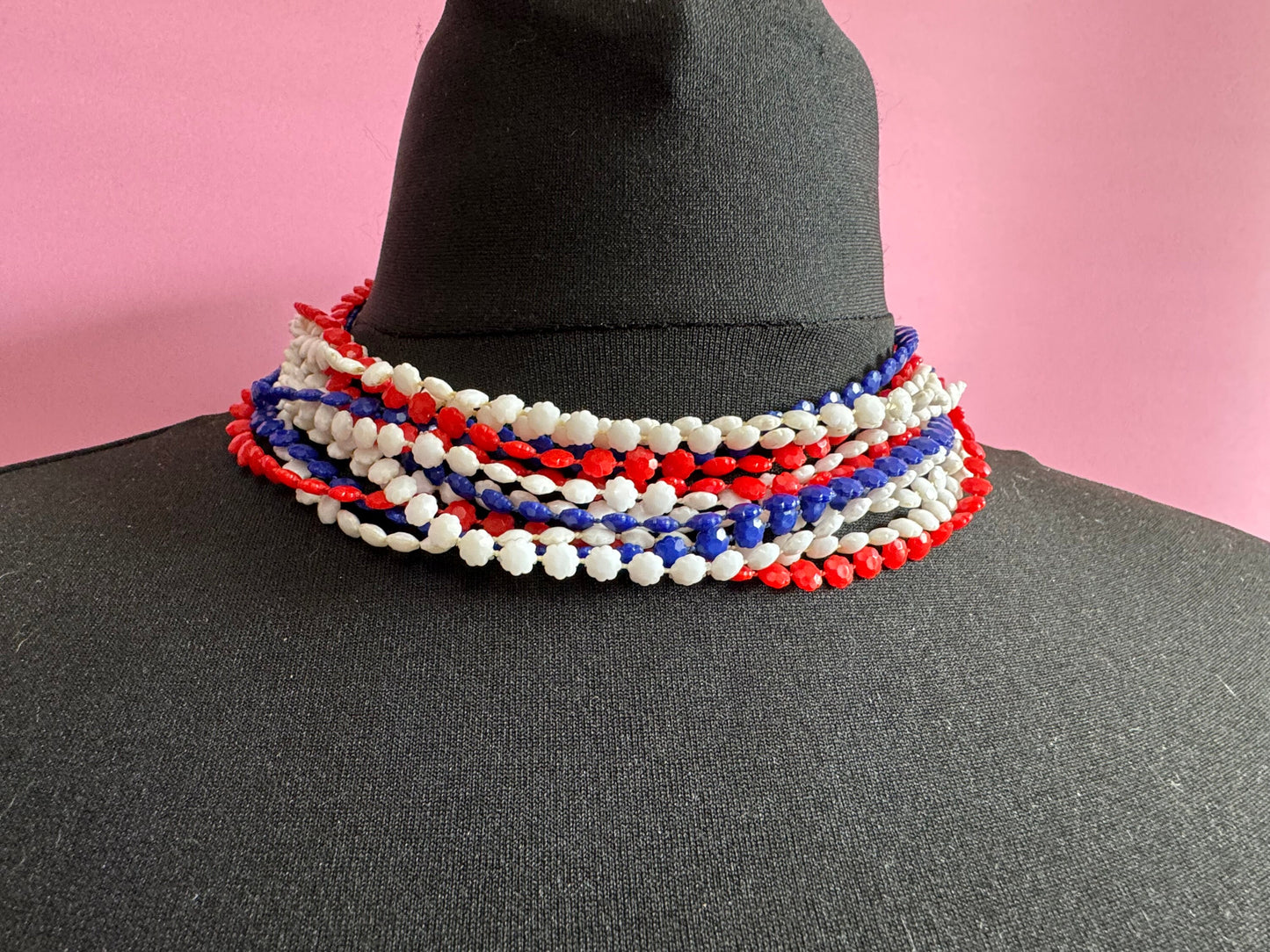 1960s patriotic USA UK France red white blue fixed plastic beaded Multistrand long necklaces