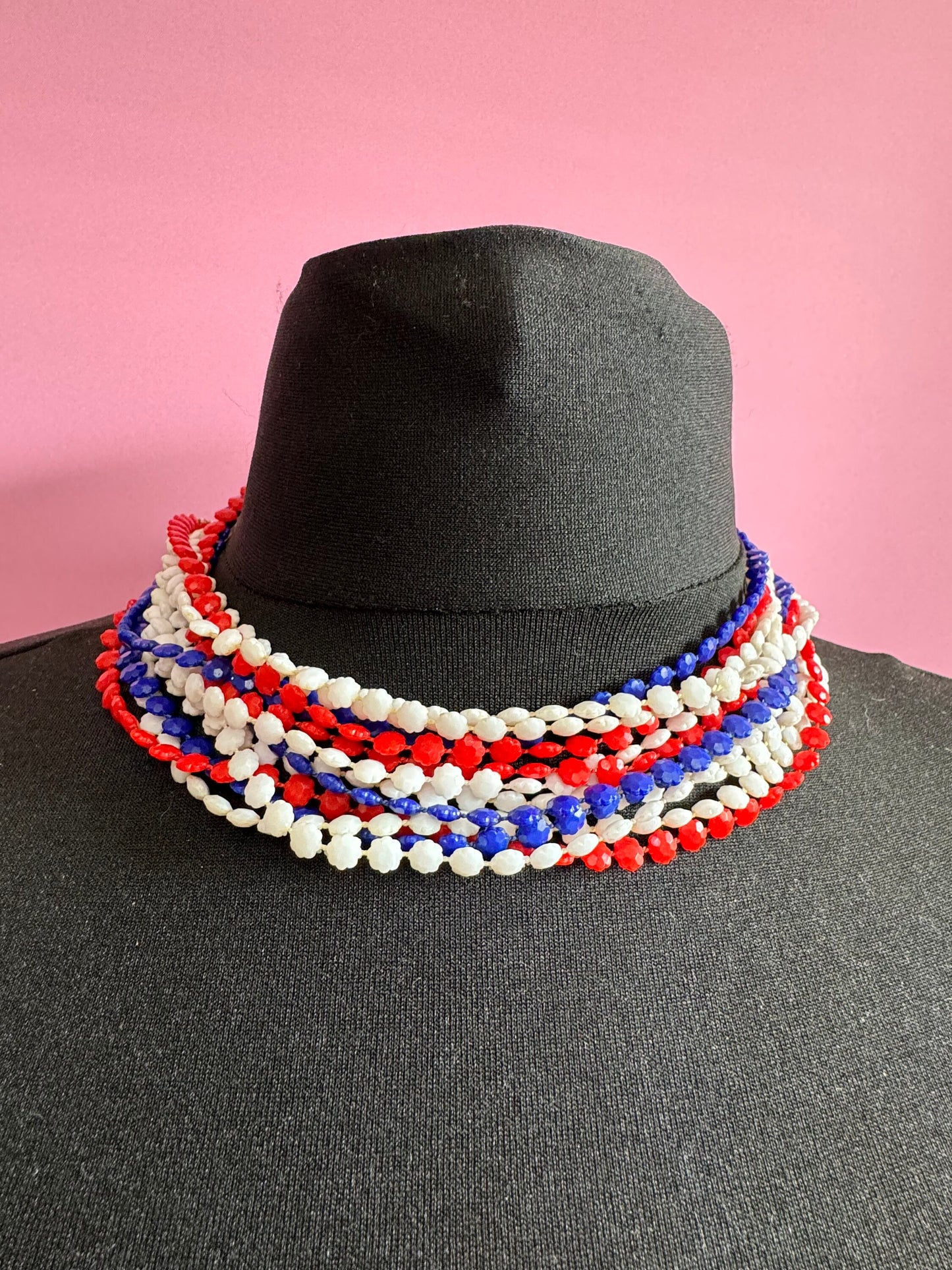 1960s patriotic USA UK France red white blue fixed plastic beaded Multistrand long necklaces