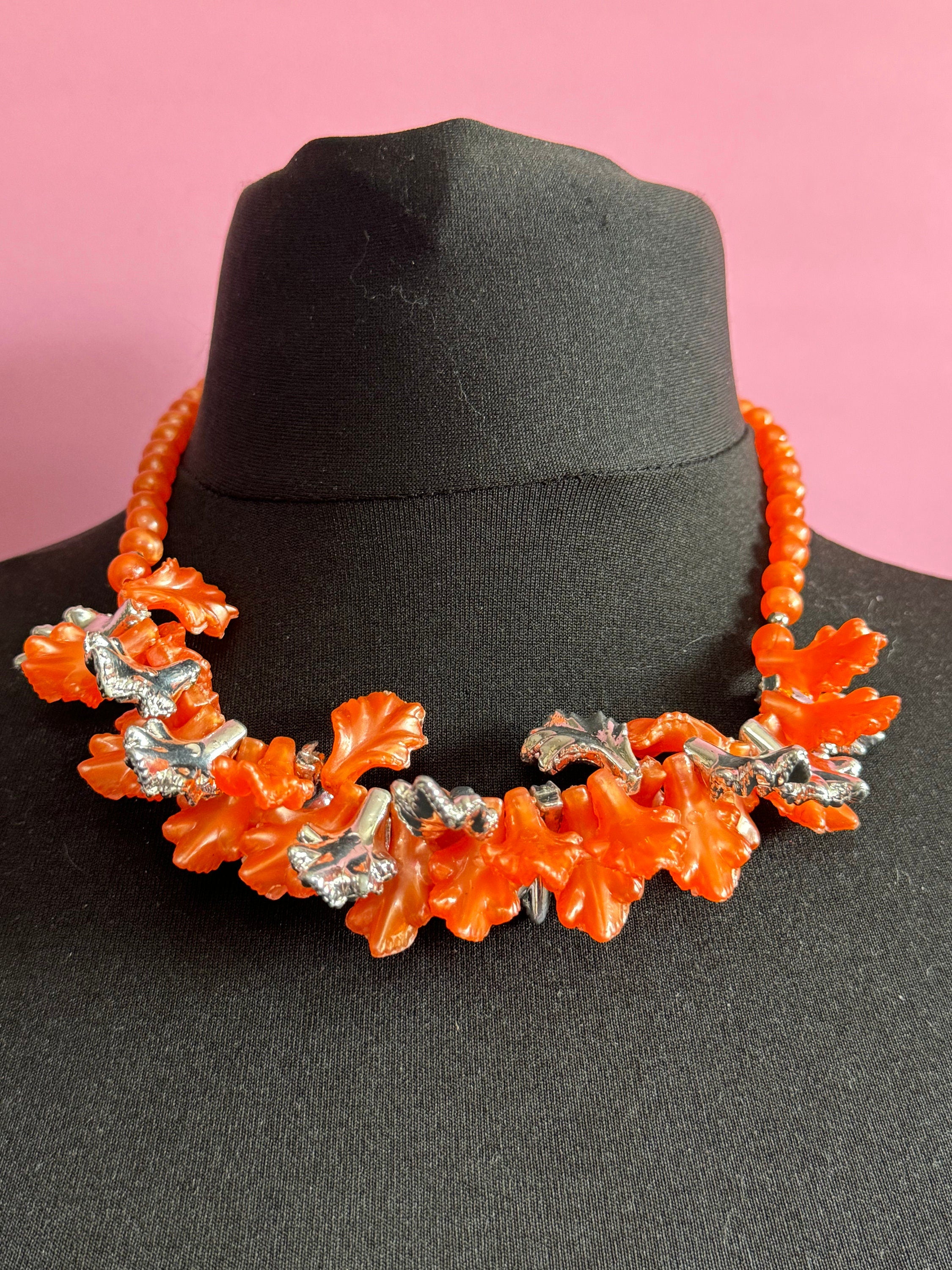 Retro Oversized orange plastic Leaf beaded necklace silver tone autumn fall 50cm