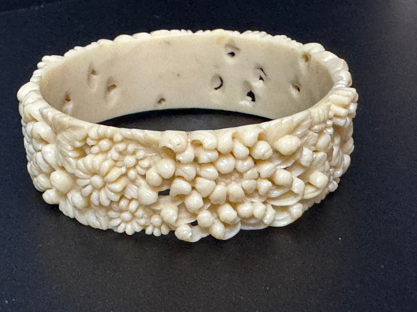 Antique Vintage Early Plastic Faux Bone Horn Celluloid Carved Detailed Floral Bangle Bracelet