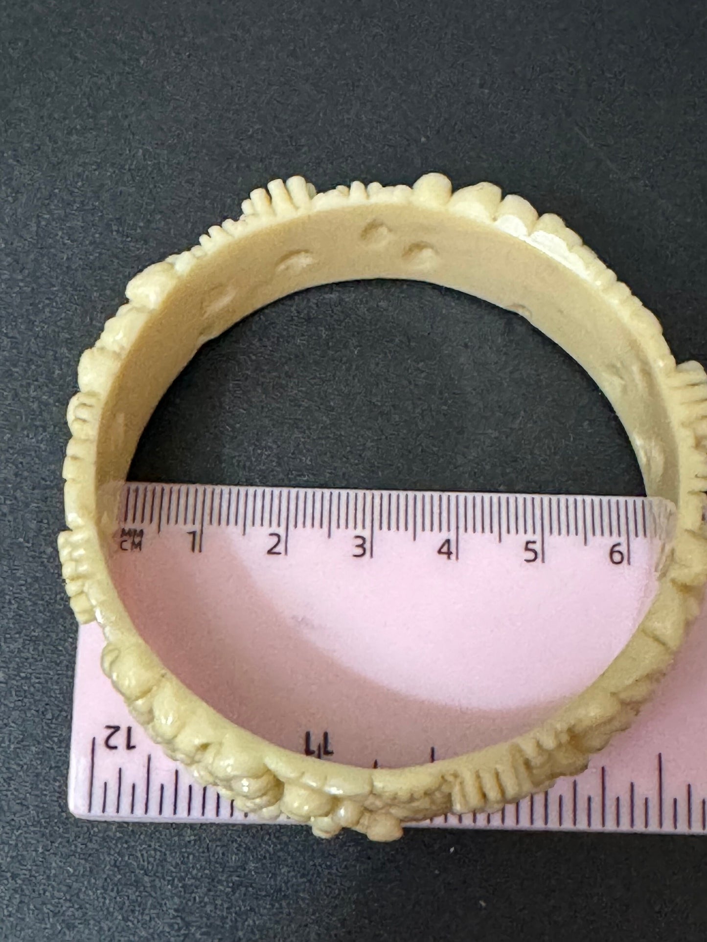 Antique Vintage Early Plastic Faux Bone Horn Celluloid Carved Detailed Floral Bangle Bracelet