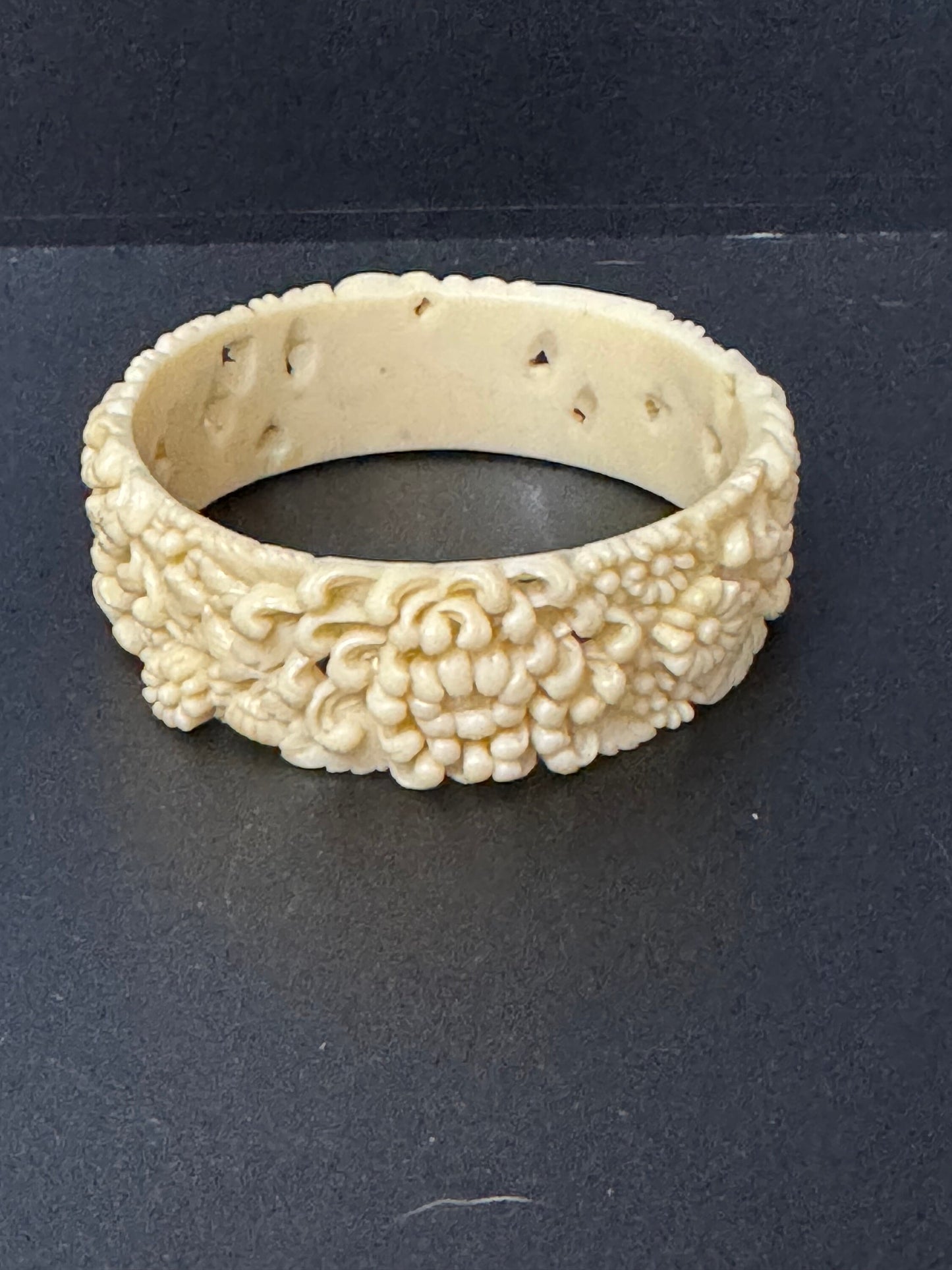 Antique Vintage Early Plastic Faux Bone Horn Celluloid Carved Detailed Floral Bangle Bracelet