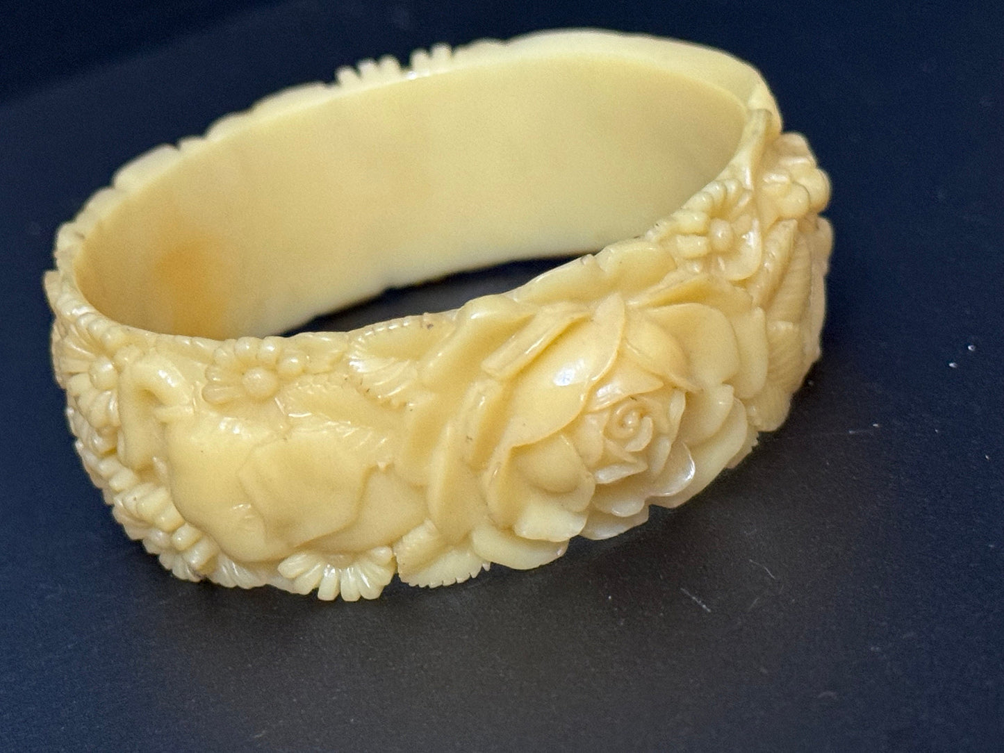 Antique Vintage Early Plastic Faux Bone Horn Celluloid Carved Detailed Floral Bangle Bracelet