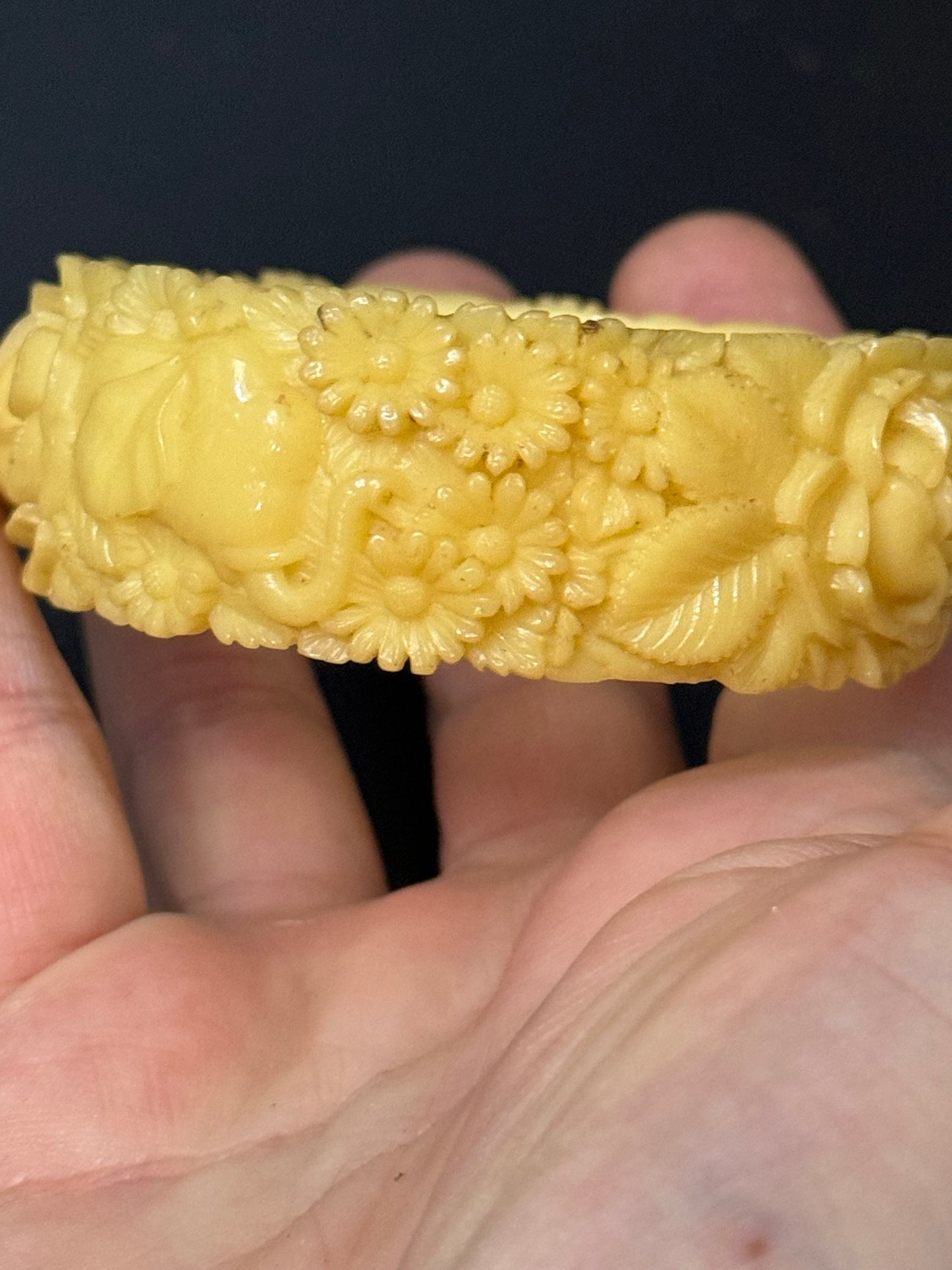 Antique Vintage Early Plastic Faux Bone Horn Celluloid Carved Detailed Floral Bangle Bracelet