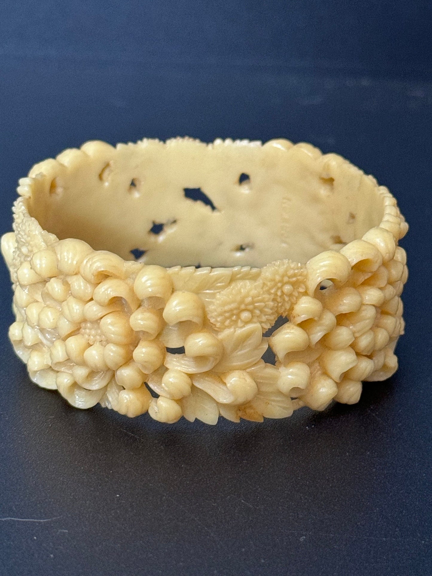 Antique Vintage Early Plastic Faux Bone Horn Celluloid Carved Detailed Floral Bangle Bracelet