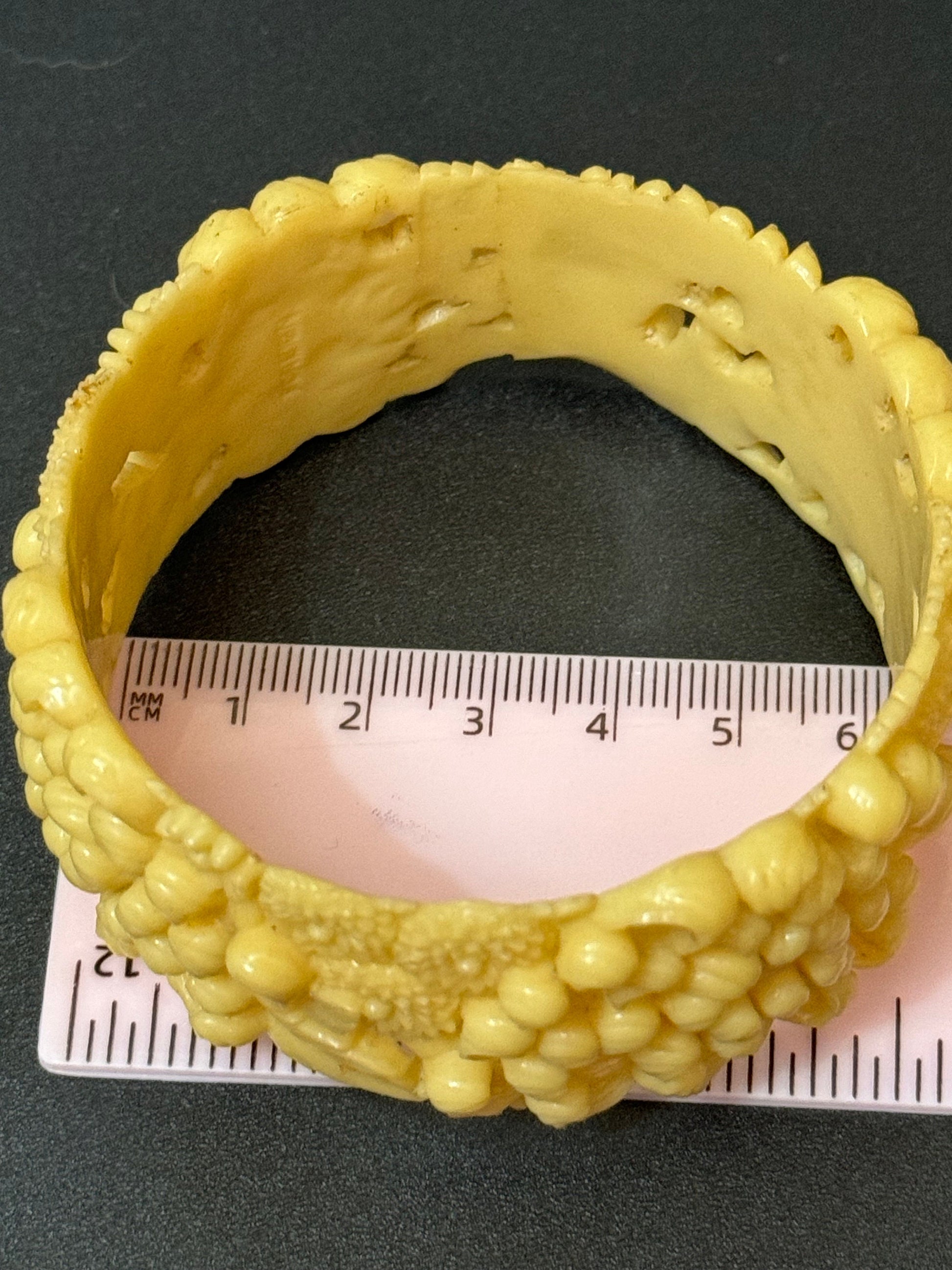 Antique Vintage Early Plastic Faux Bone Horn Celluloid Carved Detailed Floral Bangle Bracelet