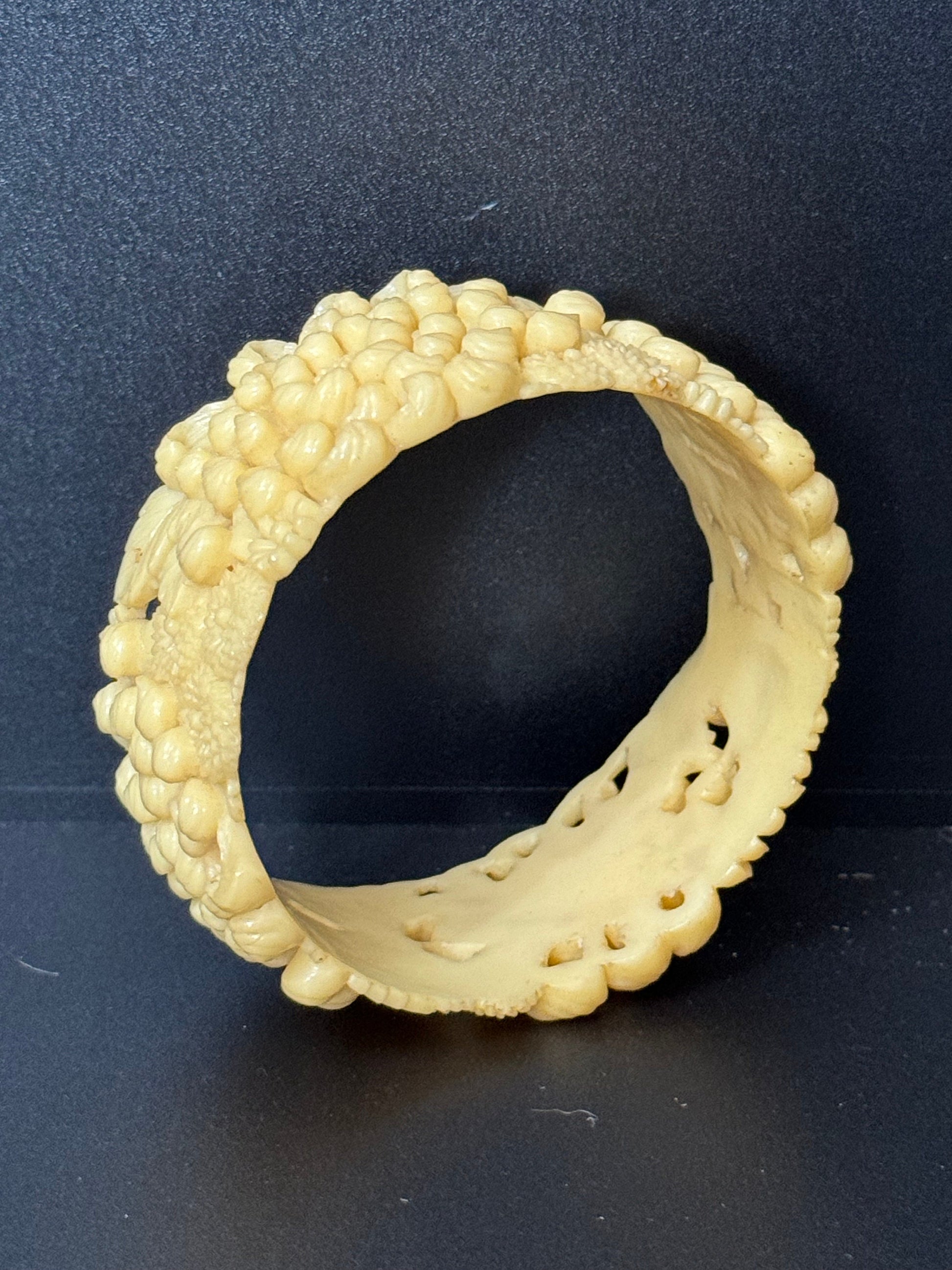 Antique Vintage Early Plastic Faux Bone Horn Celluloid Carved Detailed Floral Bangle Bracelet