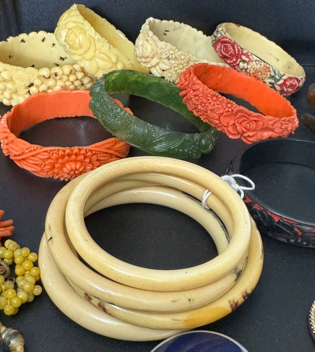 Antique Vintage Early Plastic Faux Bone Horn Celluloid Carved Detailed Floral Bangle Bracelet