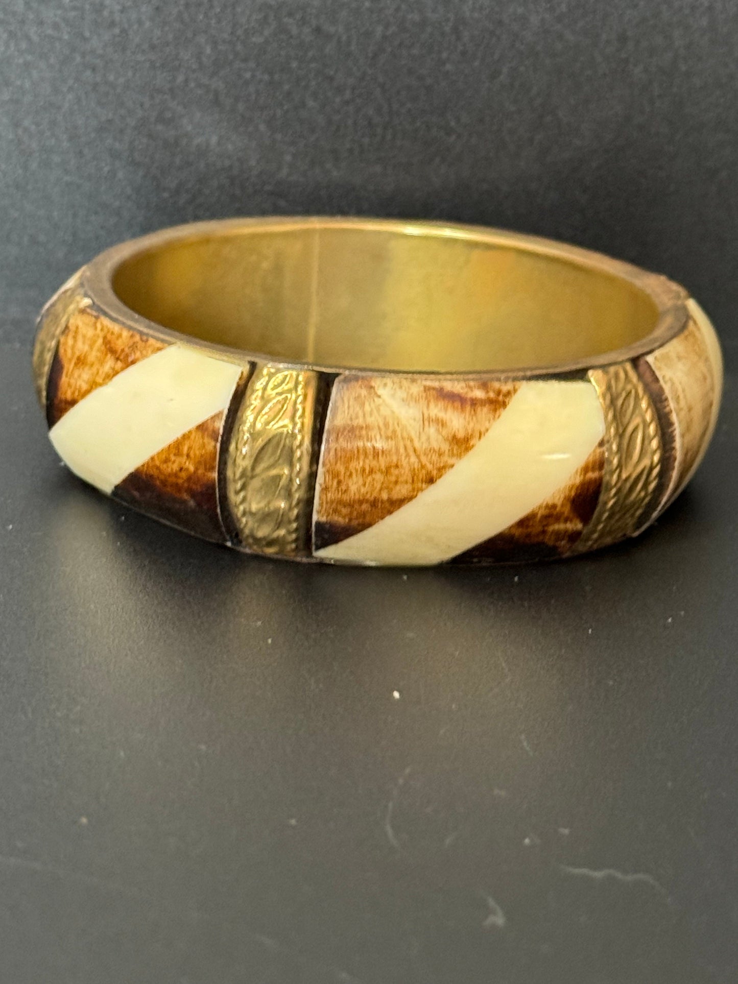 Black Beige shell Wood horn and gold tone brass wide cuff bangle bracelet