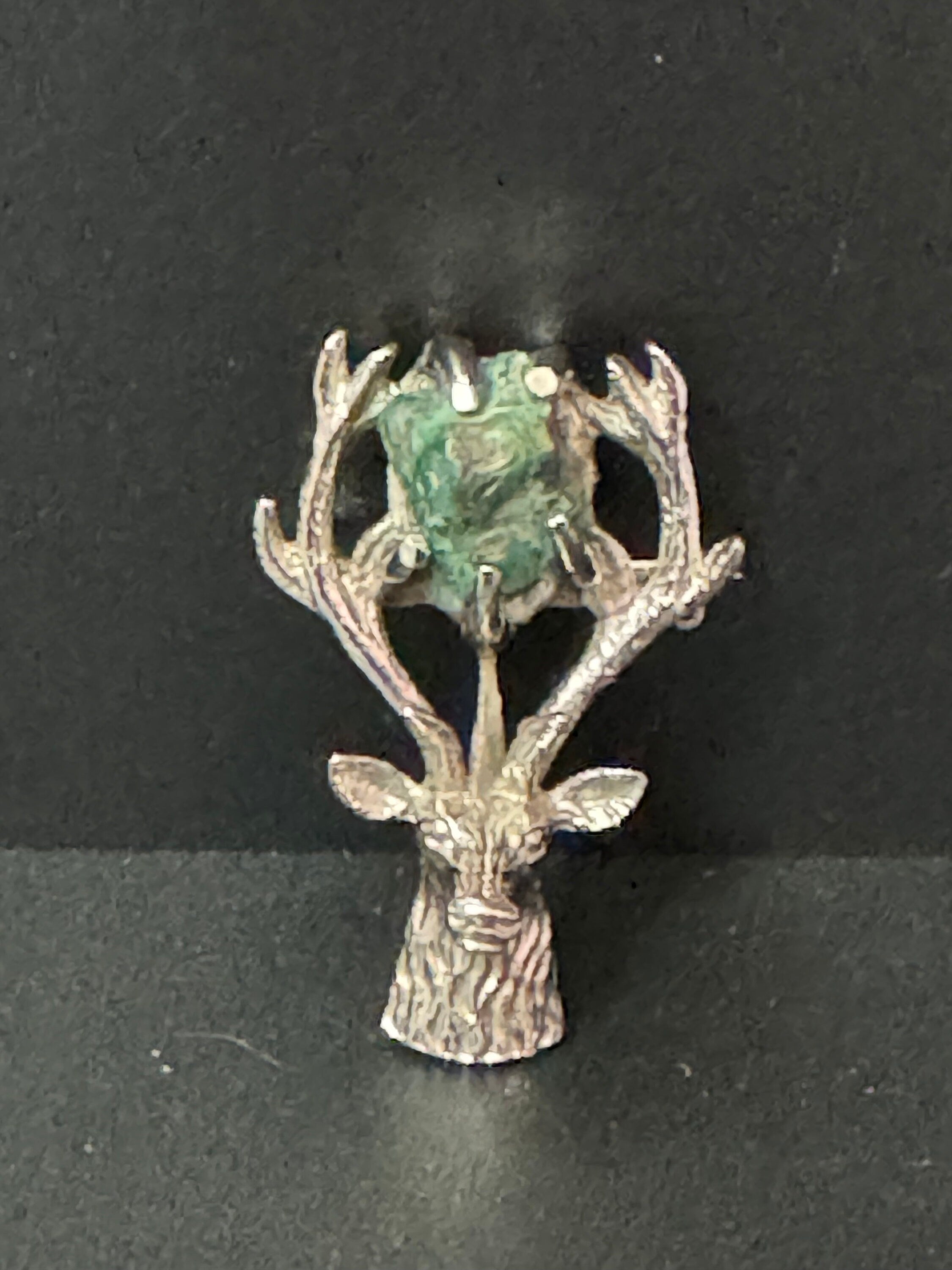 Vintage silver tone Scottish Celtic green gemstone stag brooch