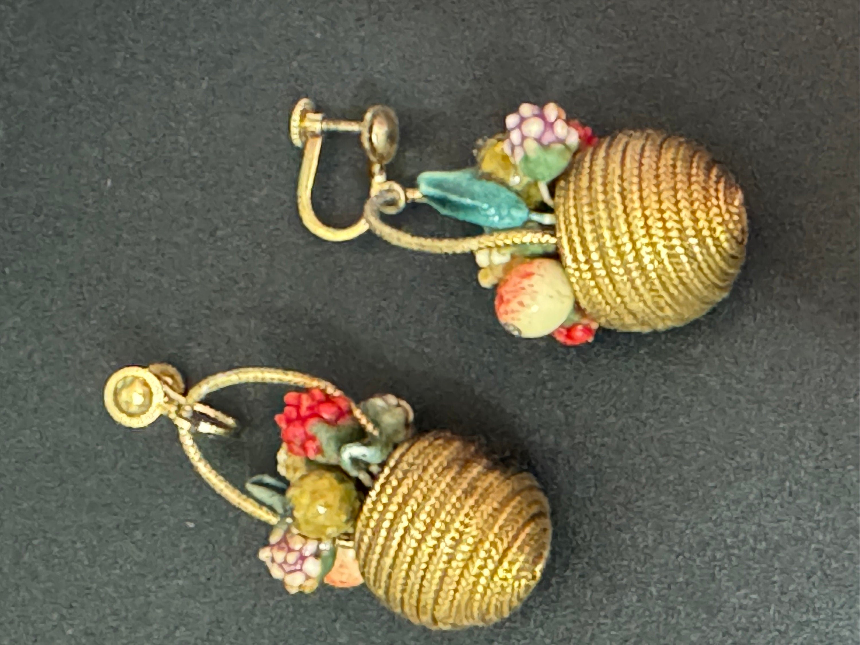 Antique Gold tone FRUIT Basket clip on earrings 1930s Art Deco