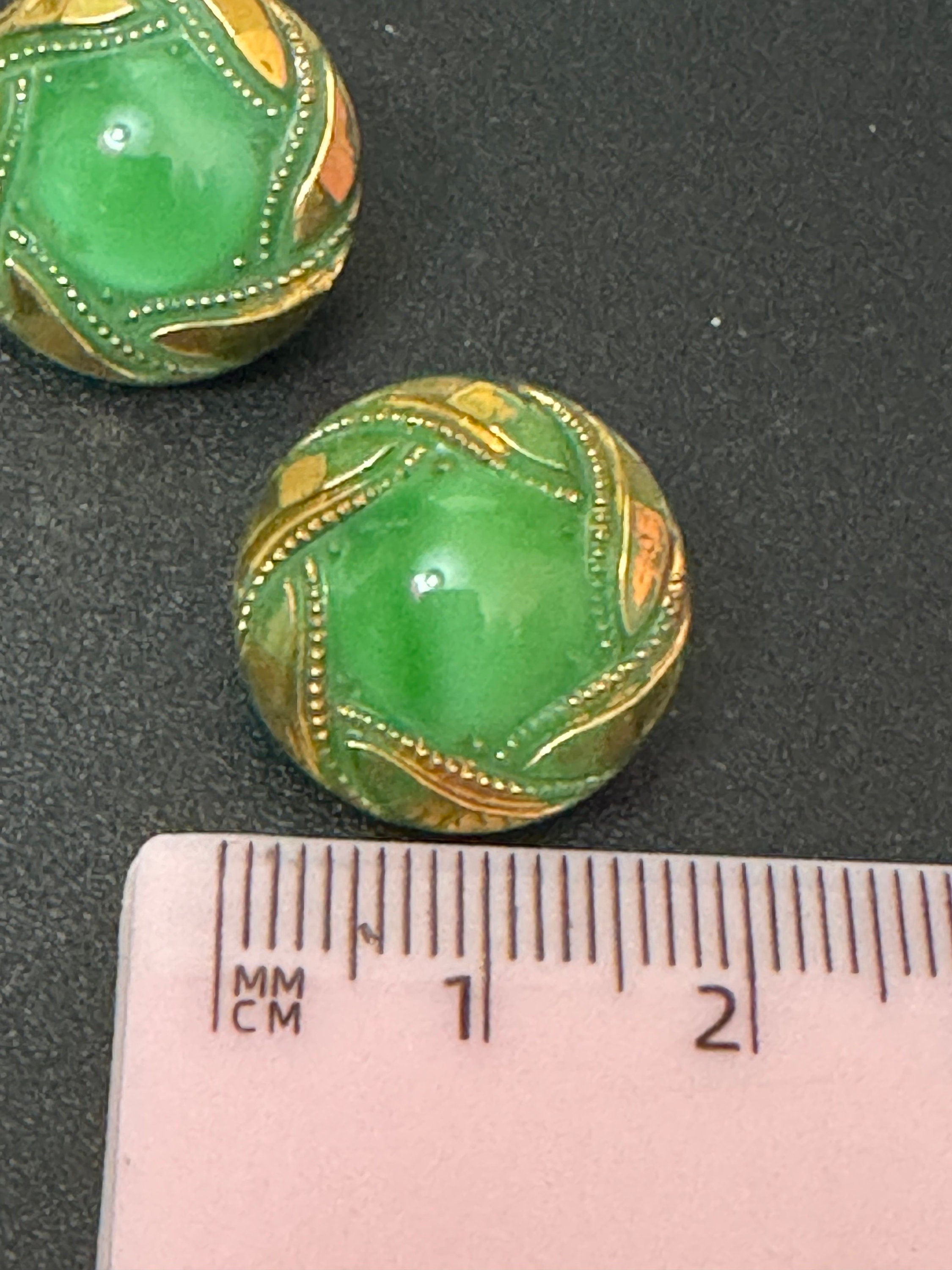 Antique to vintage GLASS green small round gilded button stud Clip On Earrings