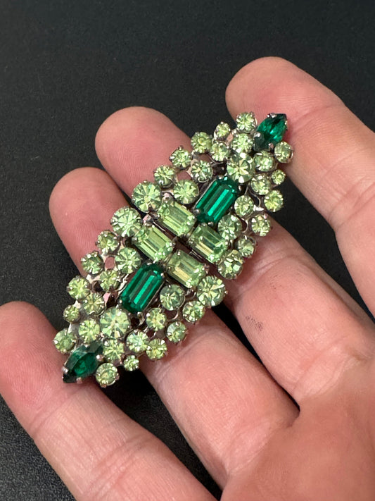 Ultraviolet UV reactive emerald lime green diamanté Duette Dress Clip combination Brooch Art Deco