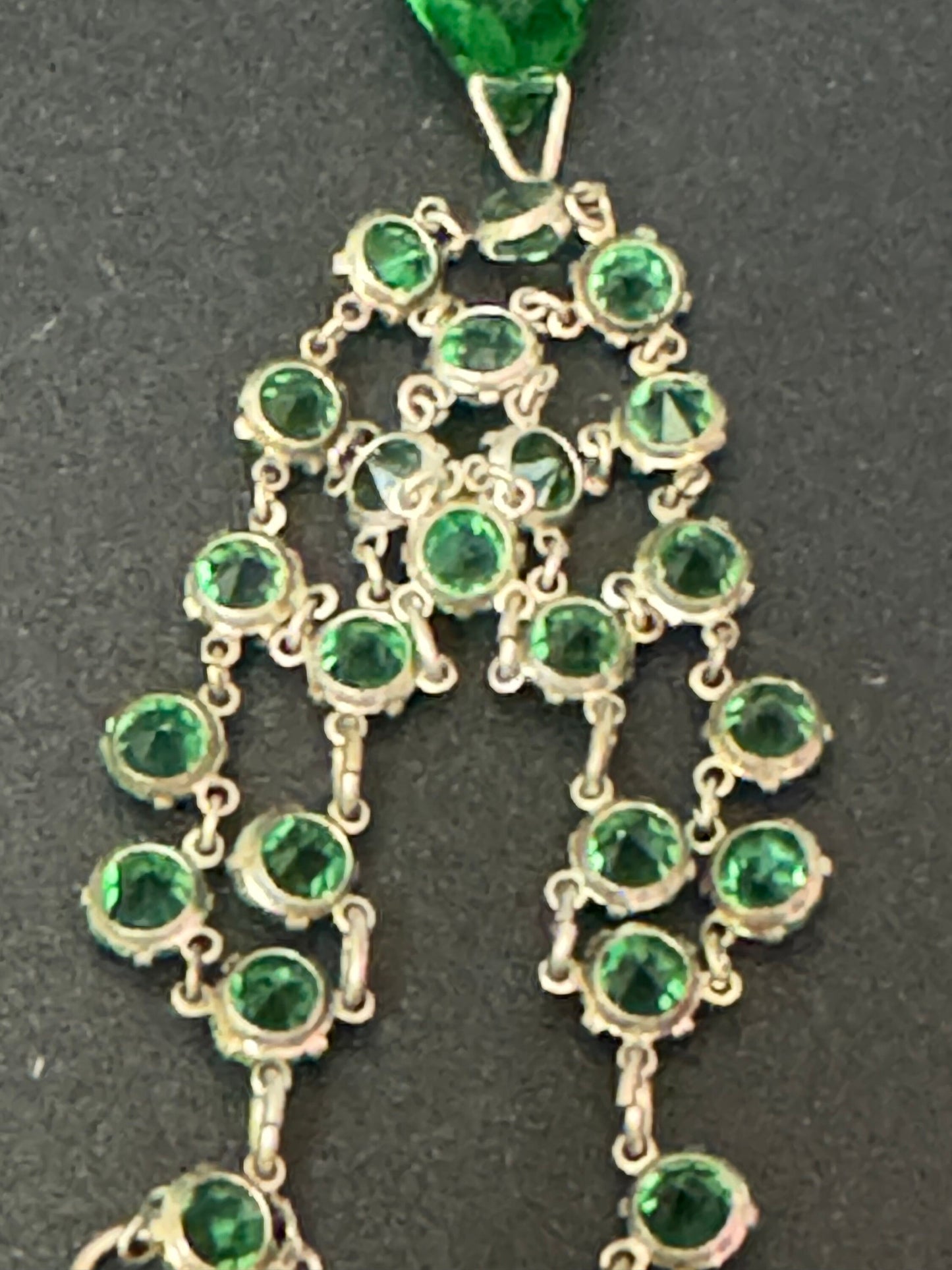 Art Deco Czech Open Back emerald green clear Crystal Silver tone gilt metal Necklace