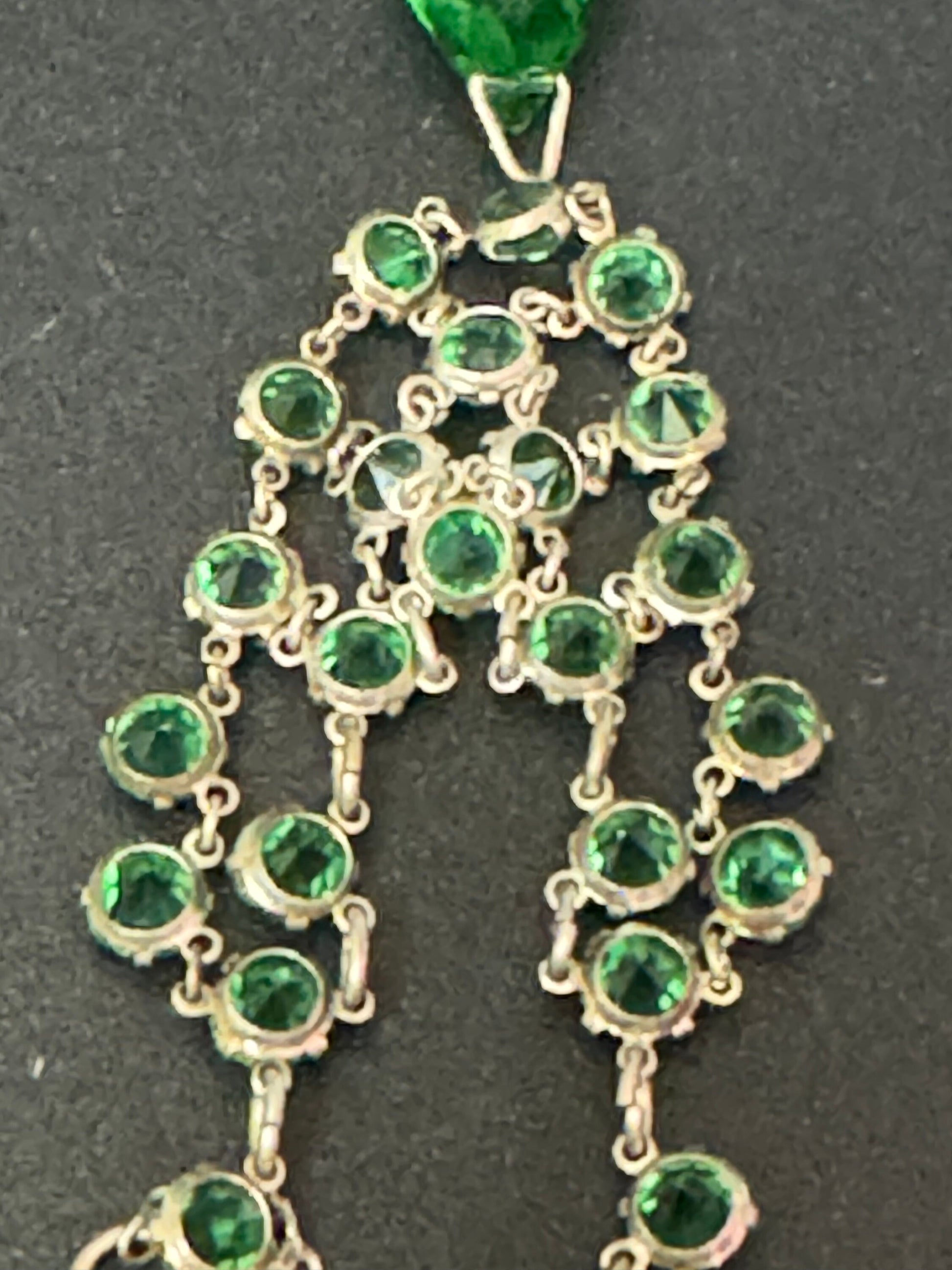 Art Deco Czech Open Back emerald green clear Crystal Silver tone gilt metal Necklace