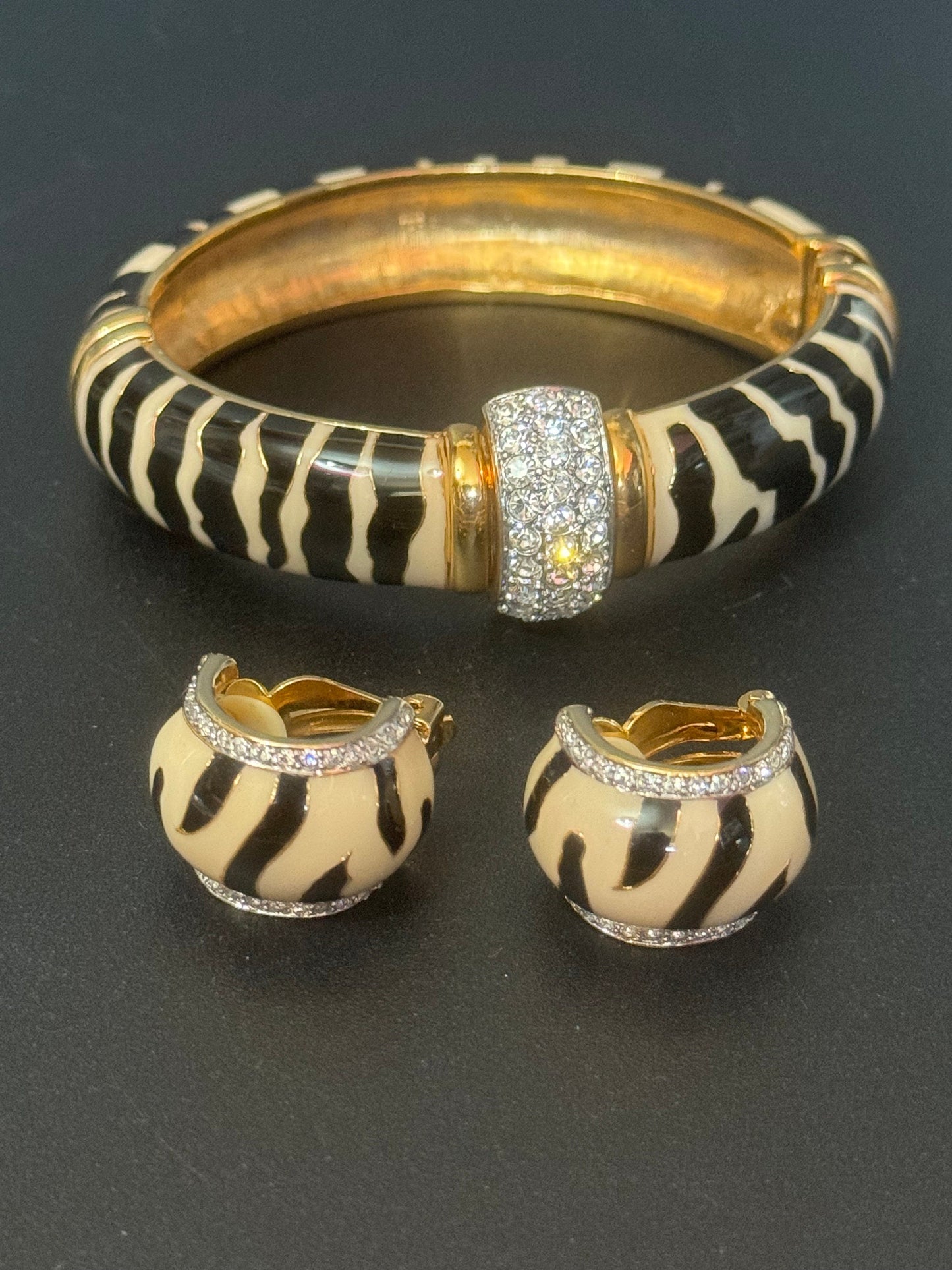 Animal Zebra print diamanté black and white enamelClamper bangle and matching clip on earrings