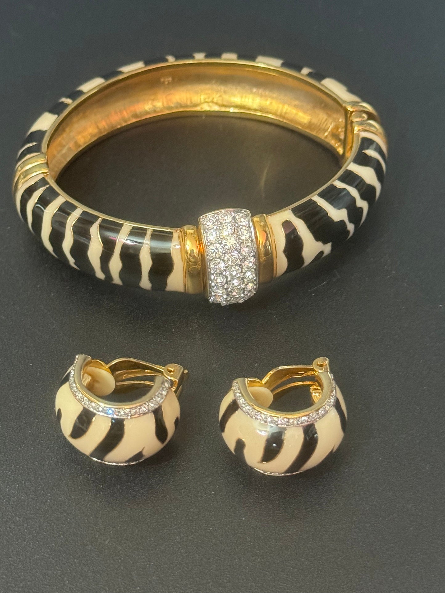 Animal Zebra print diamanté black and white enamelClamper bangle and matching clip on earrings