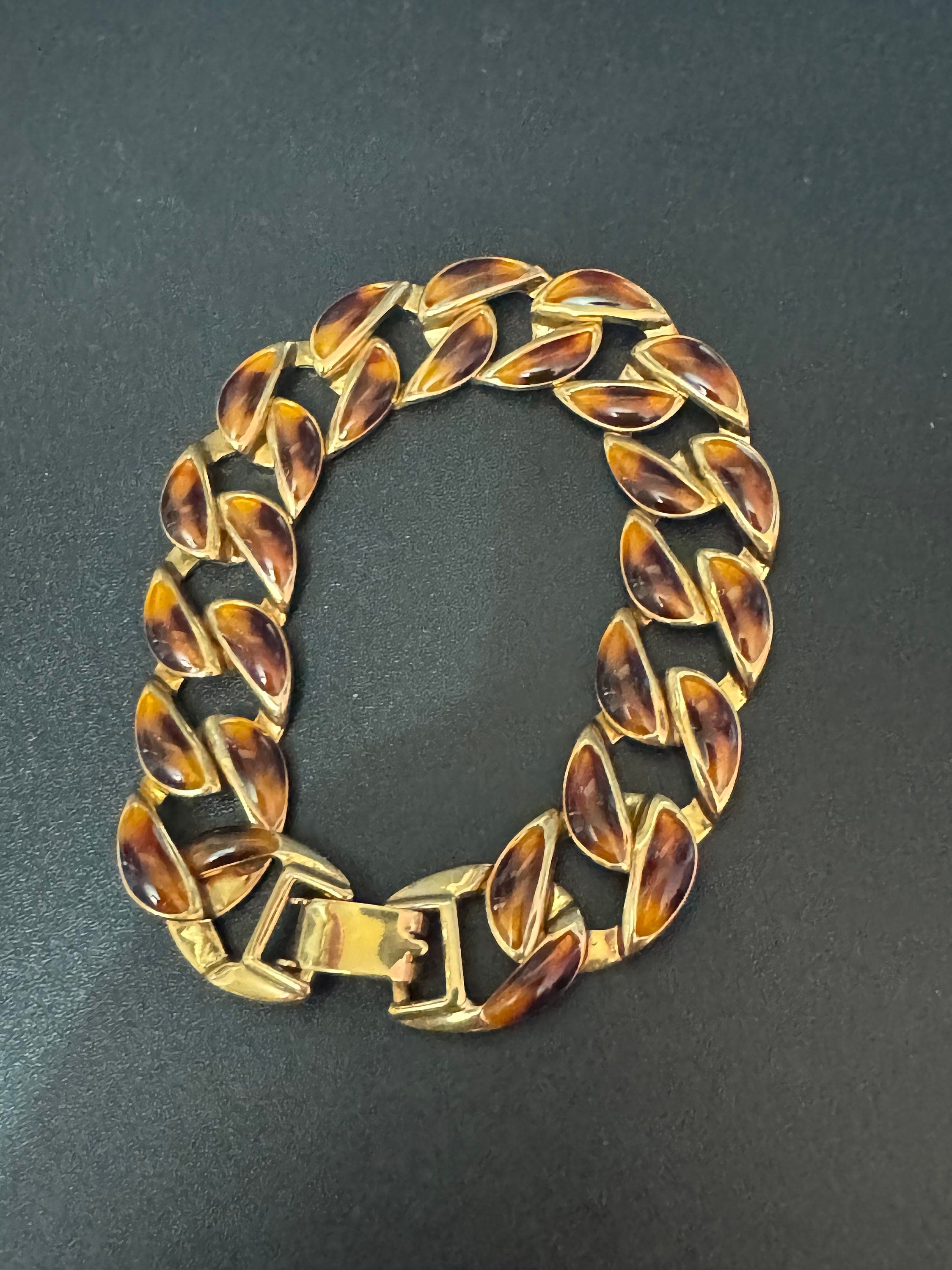 Retro lightweight gold tone chain link brown enamel wide curb bracelet