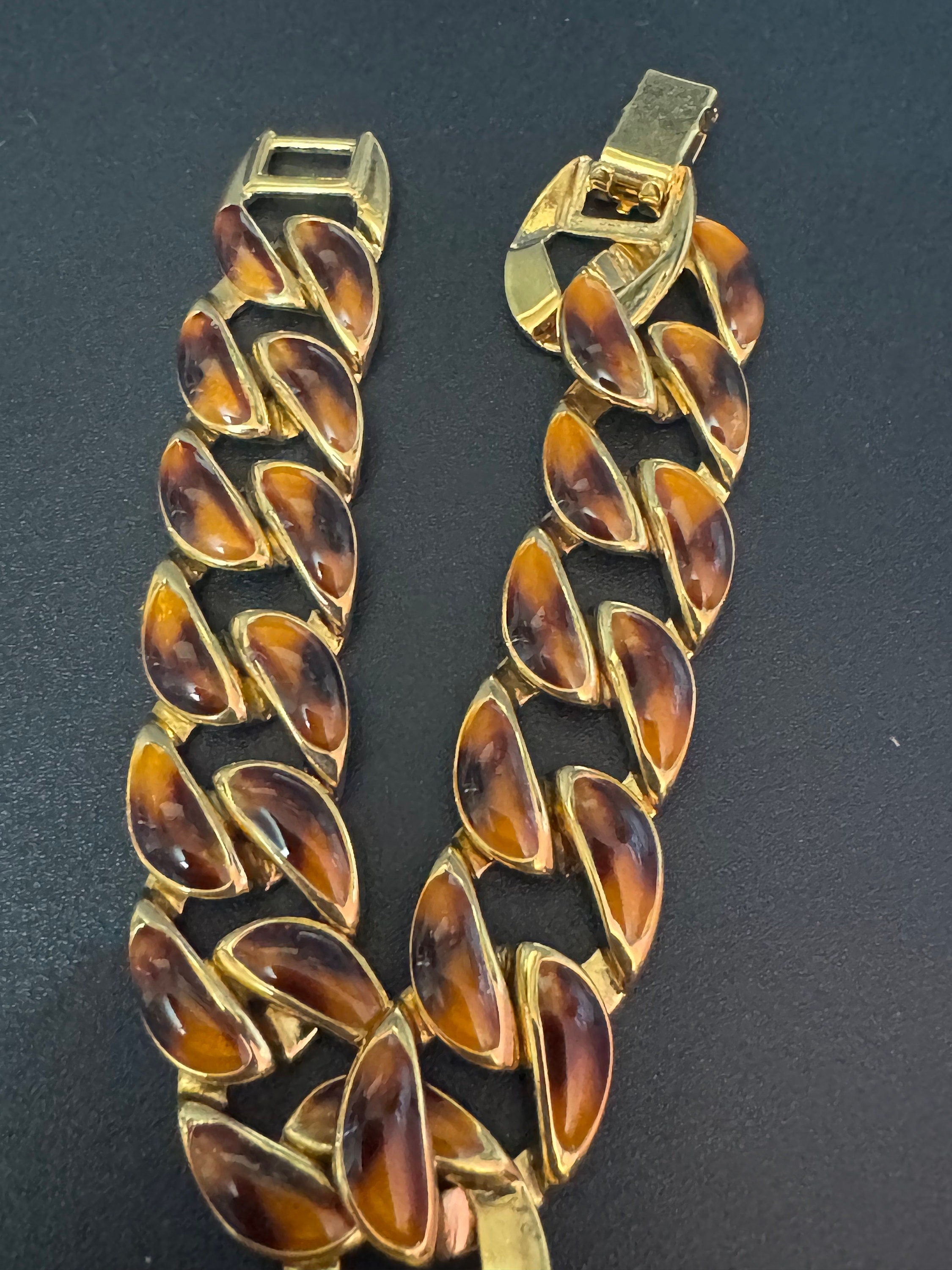 Retro lightweight gold tone chain link brown enamel wide curb bracelet