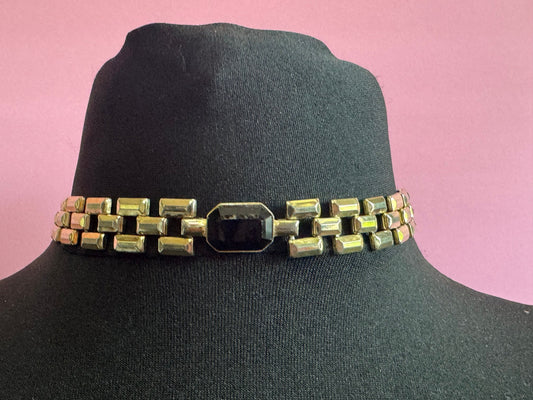 vintage gold tone black enamel Octagonal panther link chain choker necklace