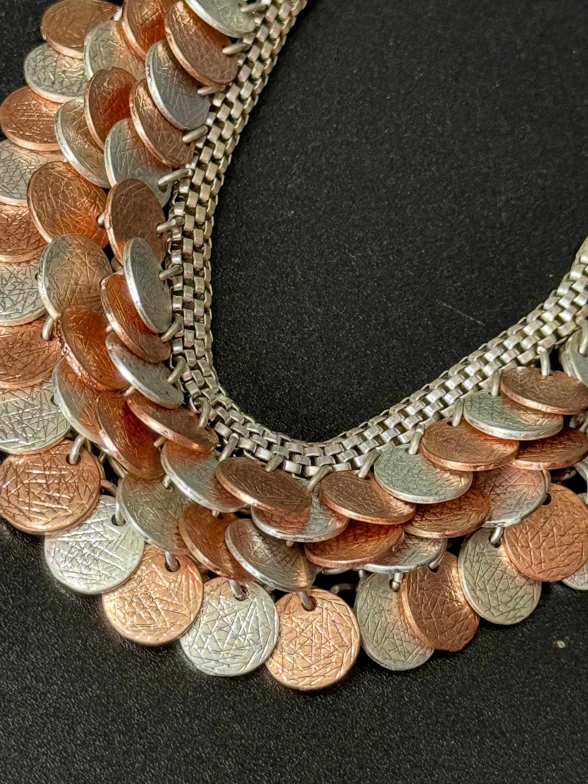 Brutalist silver and copper tone metal textured discs mesh chain link bracelet retro modernist 21cm