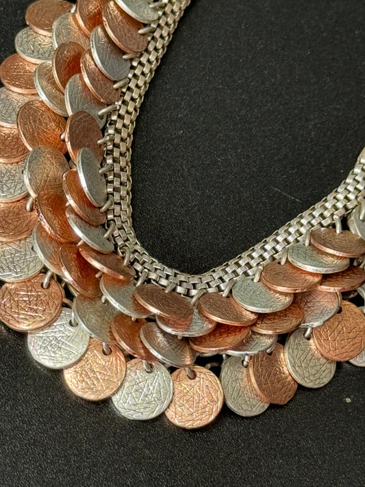 Brutalist silver and copper tone metal textured discs mesh chain link bracelet retro modernist 21cm