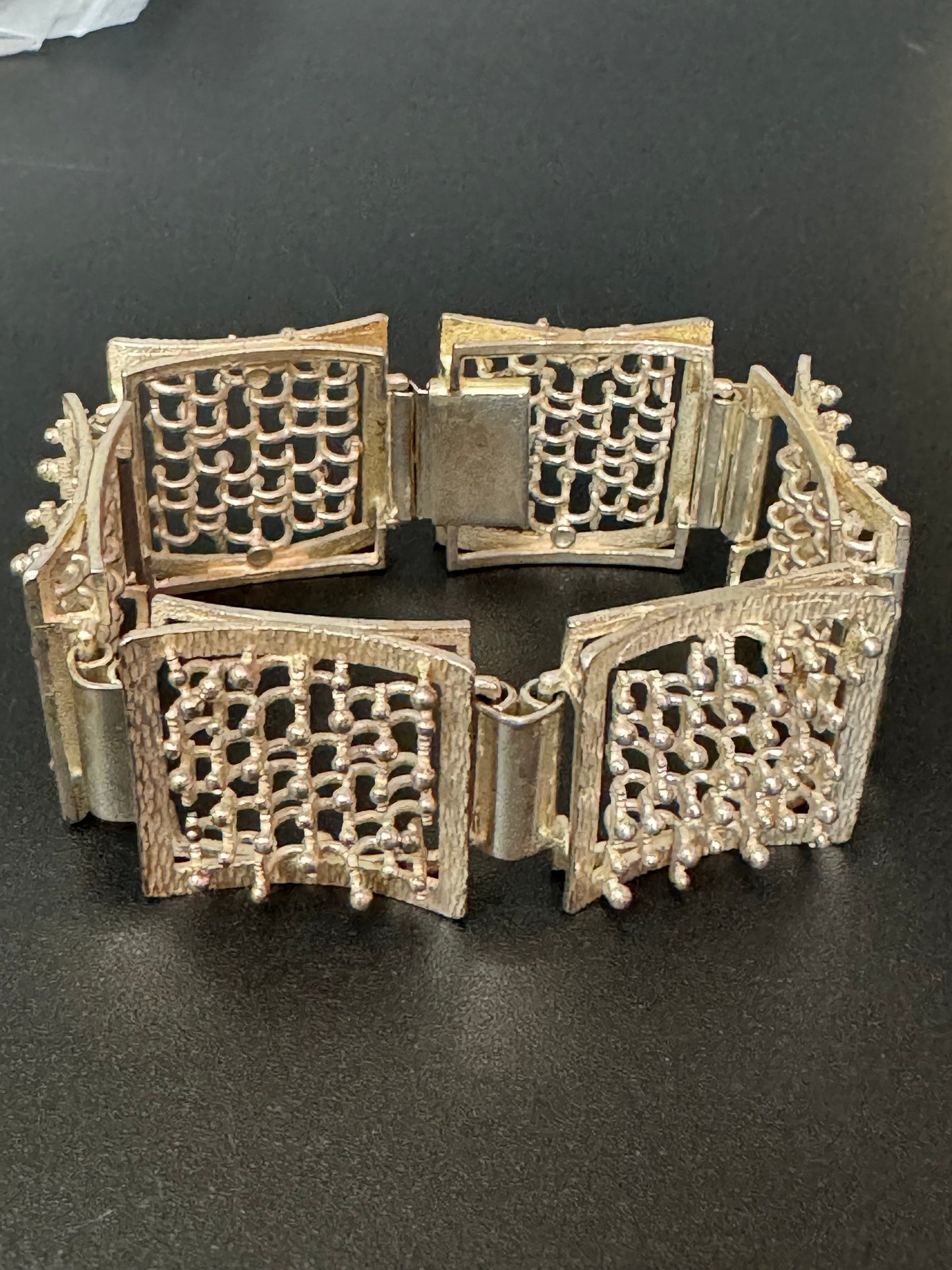 Brutalist sterling silver 925 modernist textured chain link bracelet vintage 1970s period cuff panel bangle