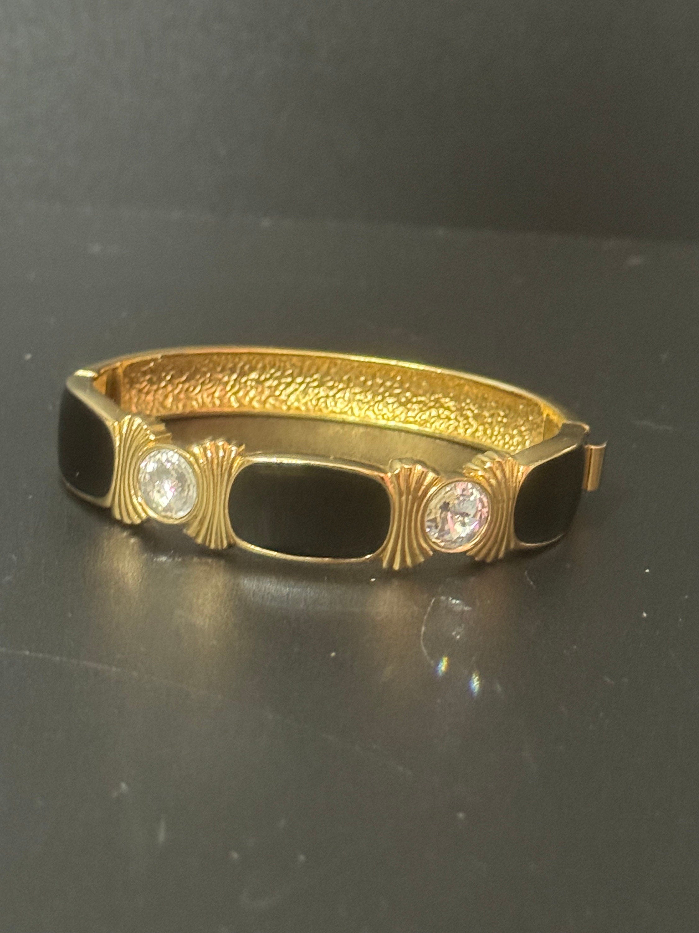 Signed BG Berghorf Goodman Wide Black enamel and clear diamanté clamper bangle