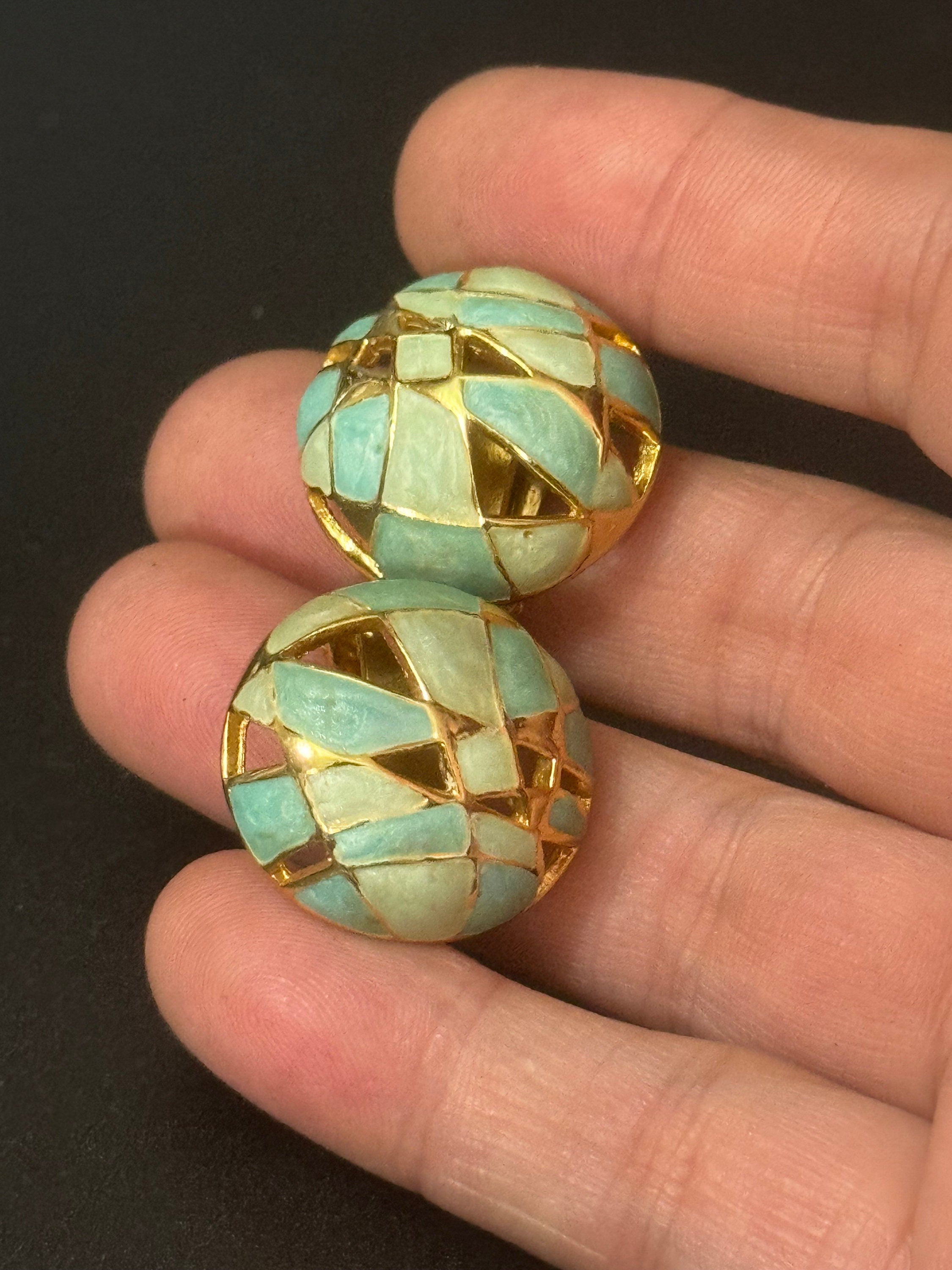 Signed orena Paris gold tone turquoise blue enamel round domed clip on earrings