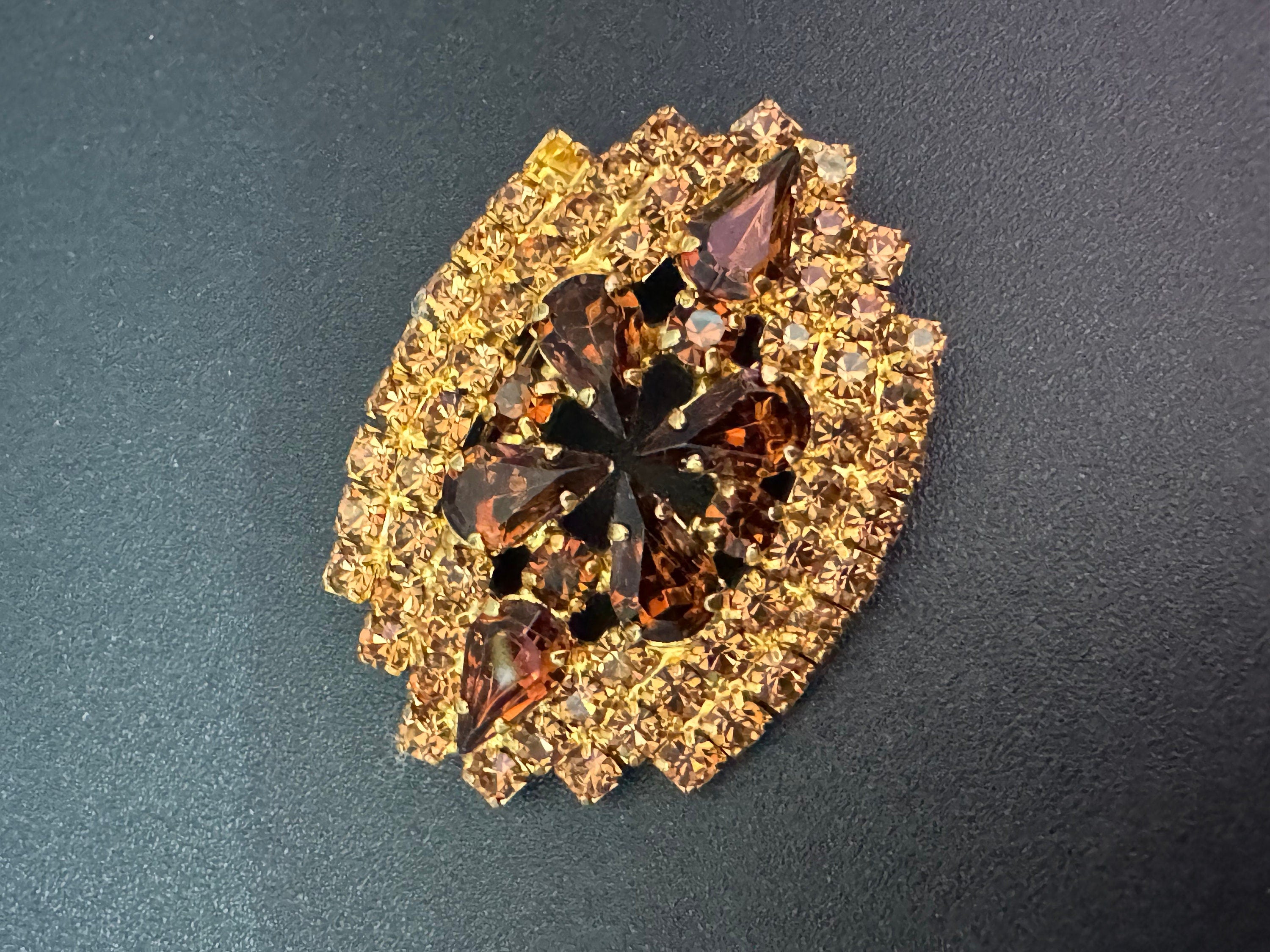 vintage modernist mid century gold tone mesh brown cognac citrine glass brooch