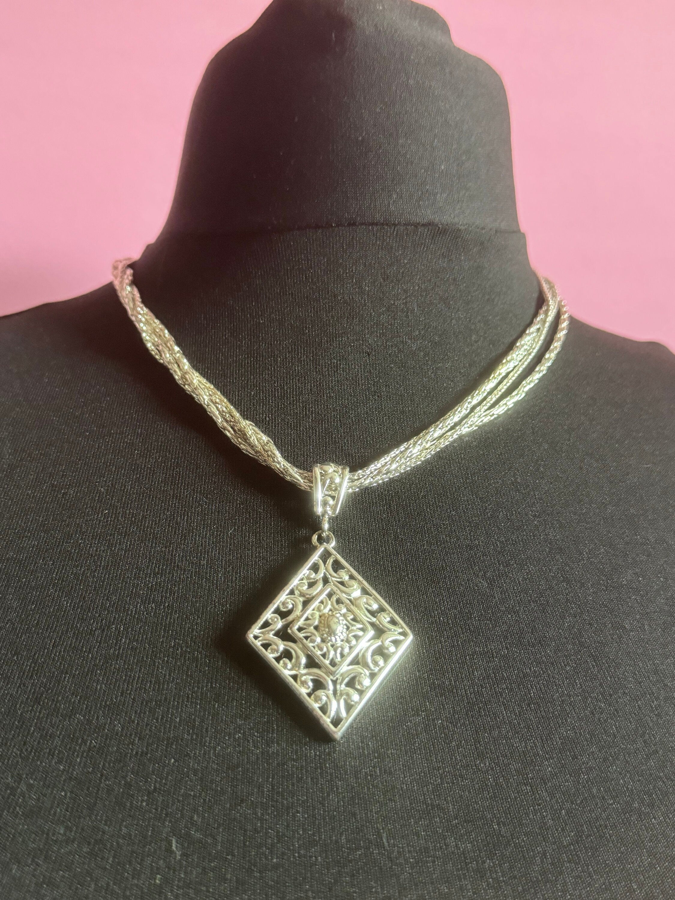 Signed NAPIER designer silver tone multi strand diamond pendant necklace