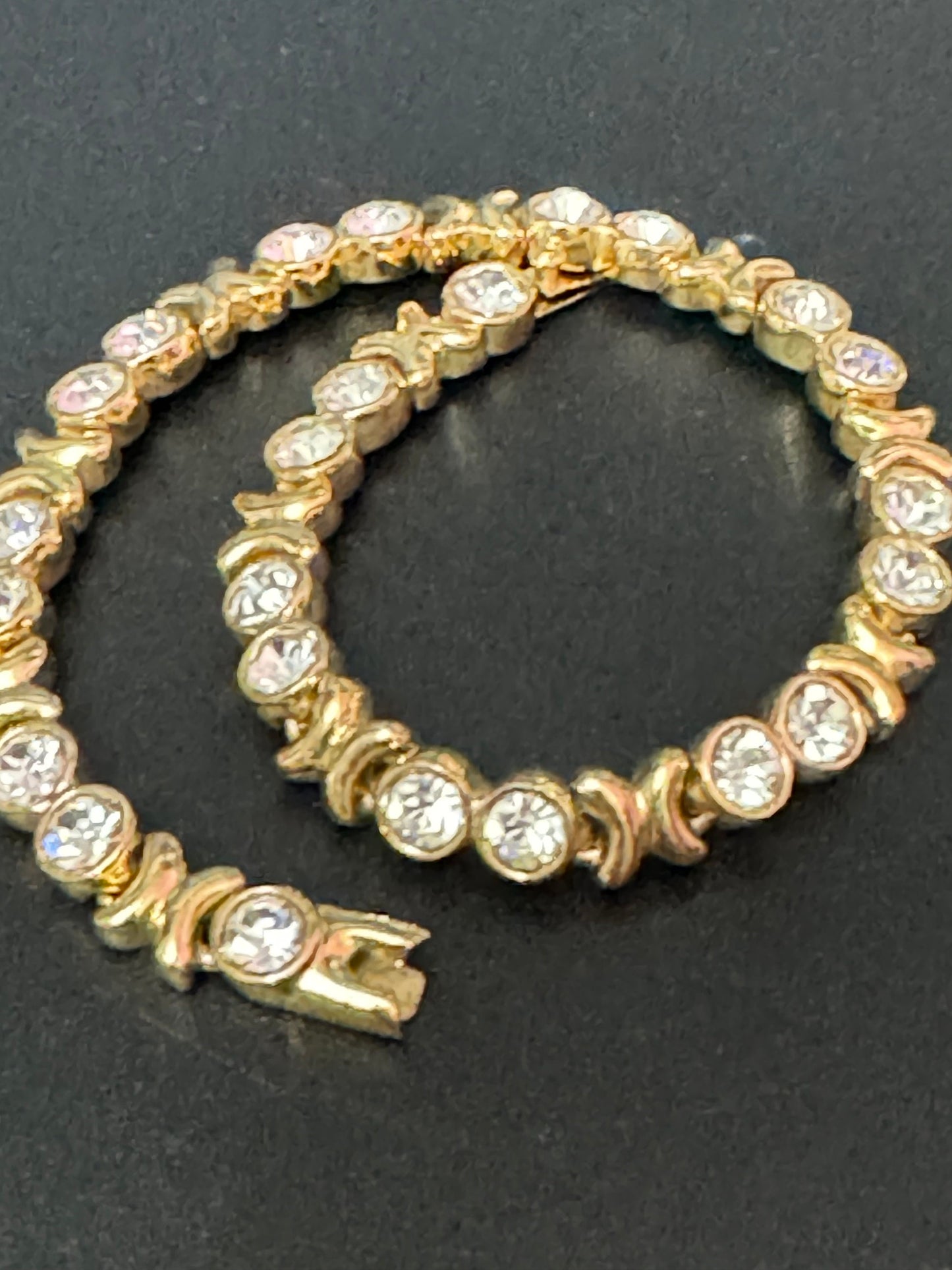 Vintage clear diamanté Crystal XO bezel set gold plated tennis bracelet 21cm unisex