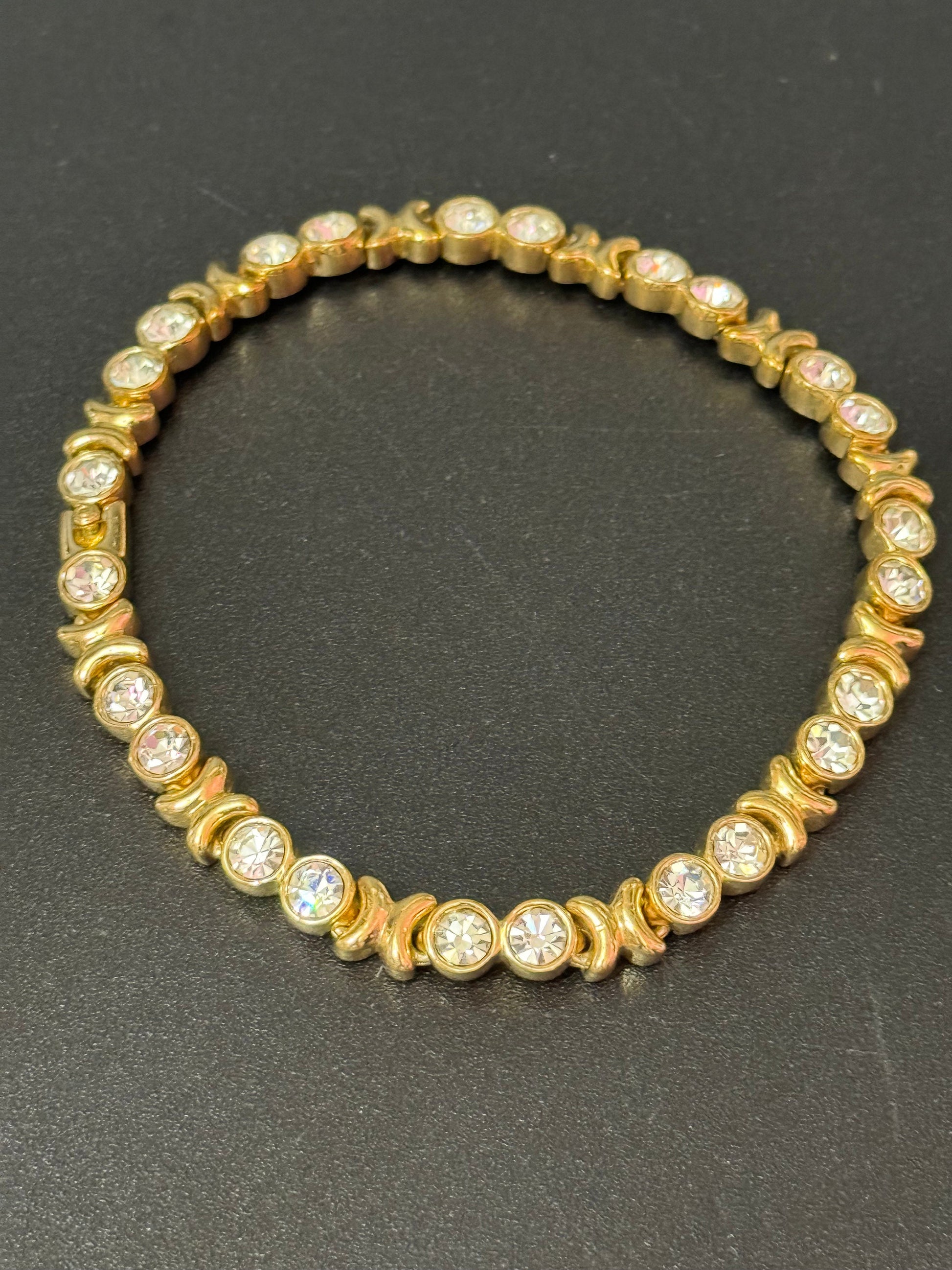 Vintage clear diamanté Crystal XO bezel set gold plated tennis bracelet 21cm unisex