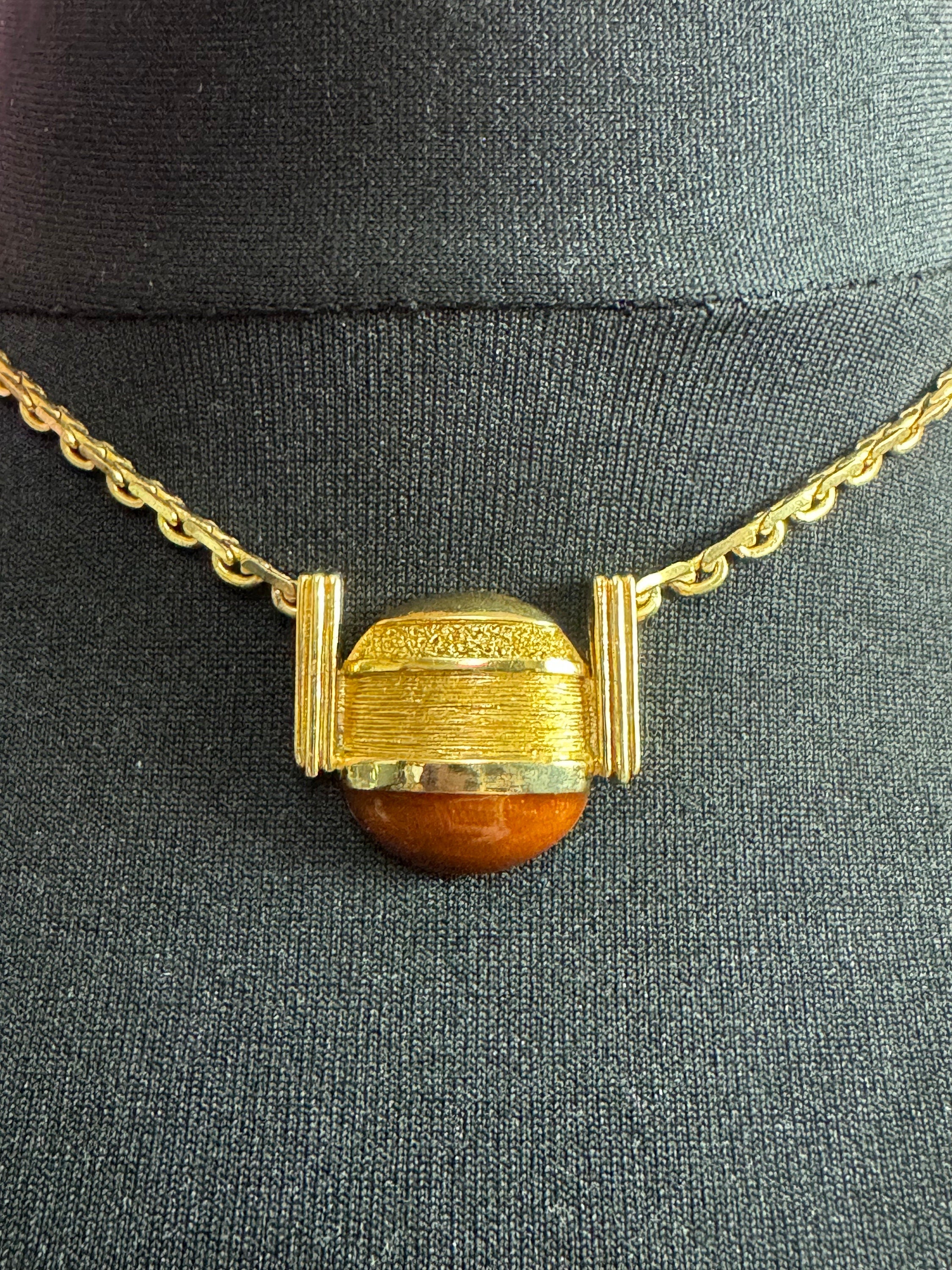 Signed ORENA Paris designer Vintage gold tone and brown enamel pendant necklace 43cm