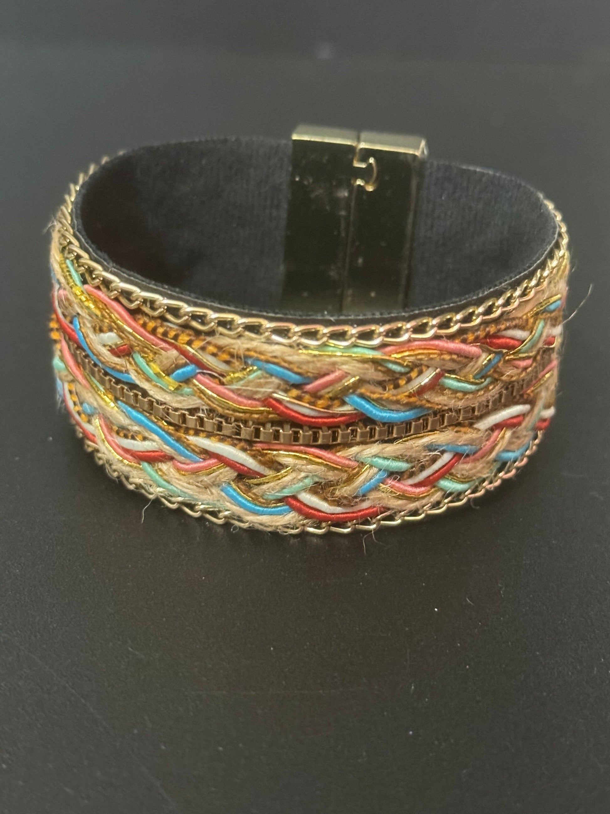 Retro boho festival wide embroidery woven magnetic hippy wrap bracelet