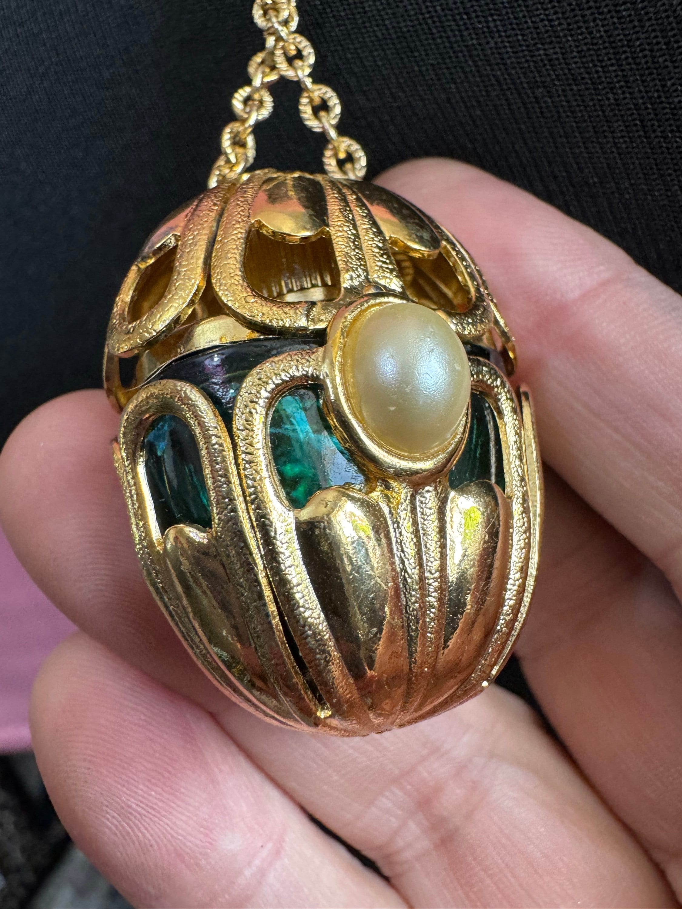 Vintage AVON signed gold tone faux pearl cabochon caged perfume bottle pendant on  80cm chain