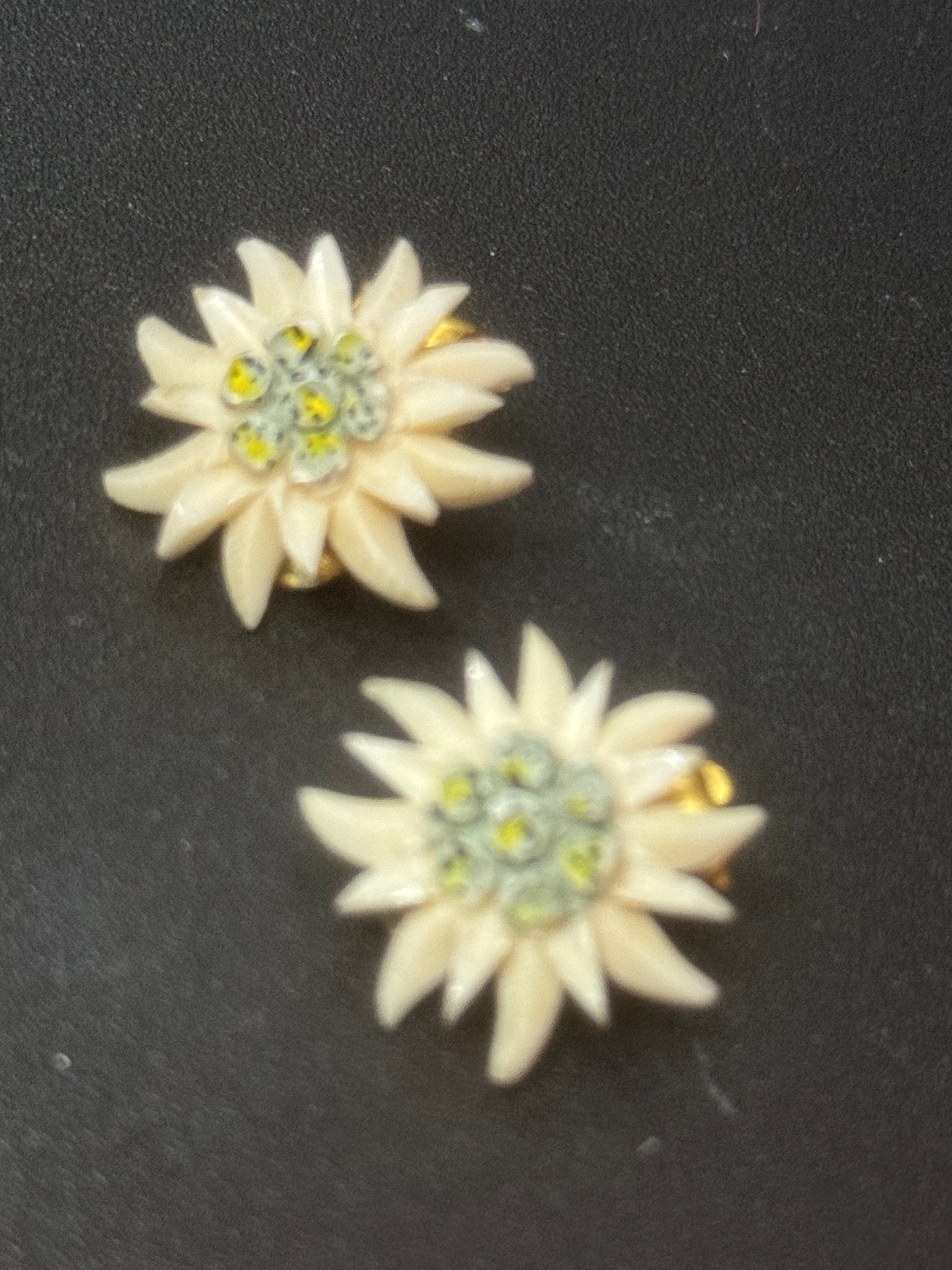 Vintage early plastic celluloid Edelweiss floral clip on earrings art deco