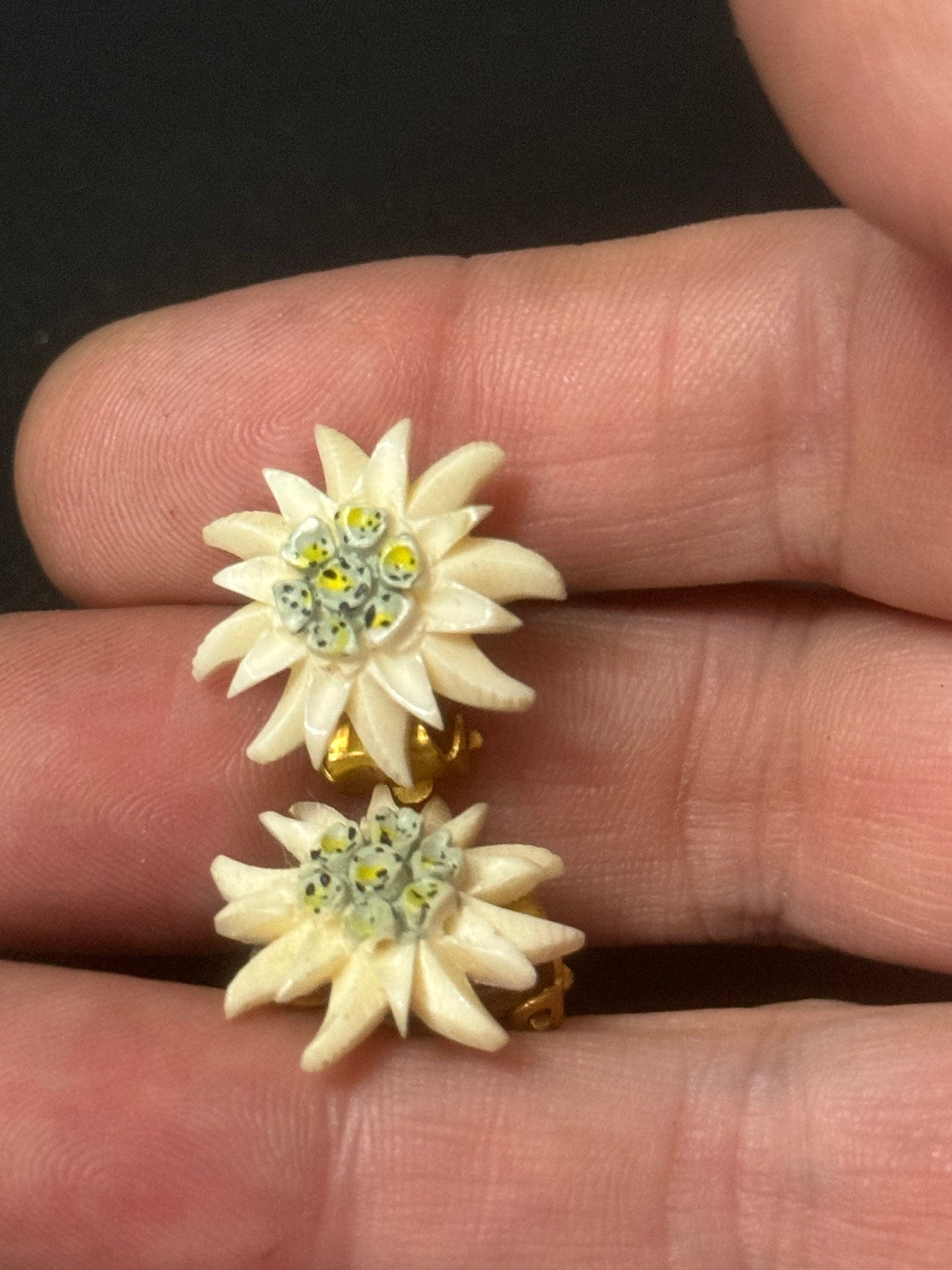 Vintage early plastic celluloid Edelweiss floral clip on earrings art deco