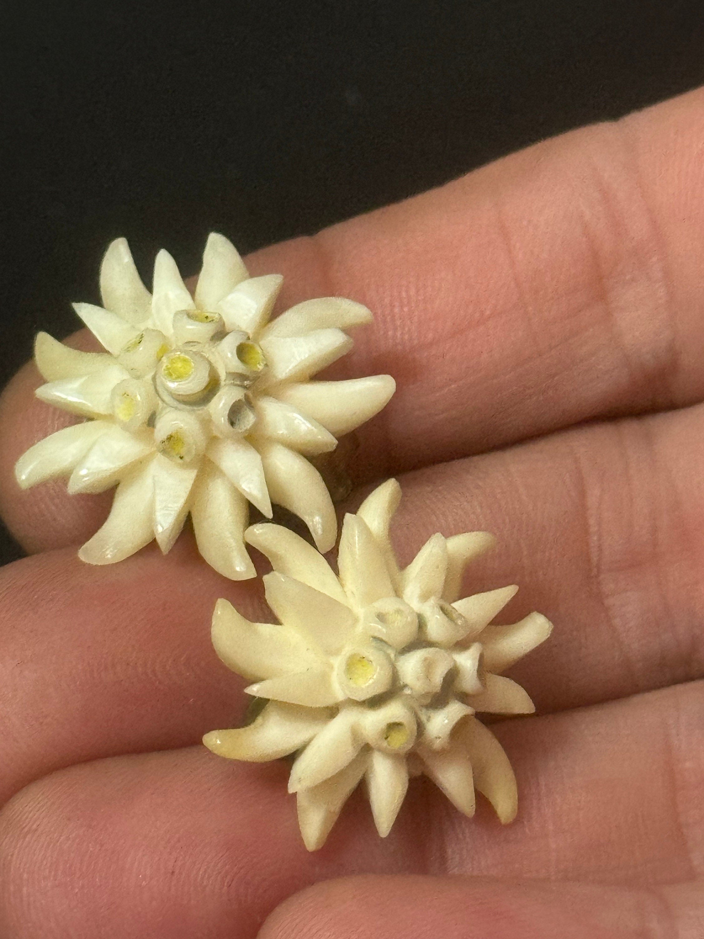 Vintage early plastic celluloid Edelweiss floral clip on earrings art deco