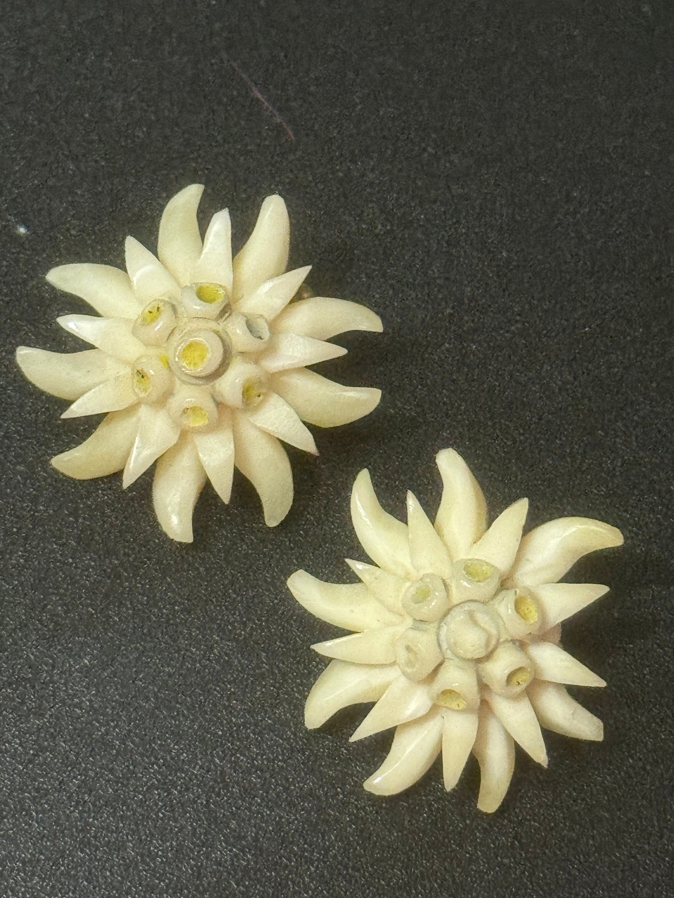 Vintage early plastic celluloid Edelweiss floral clip on earrings art deco