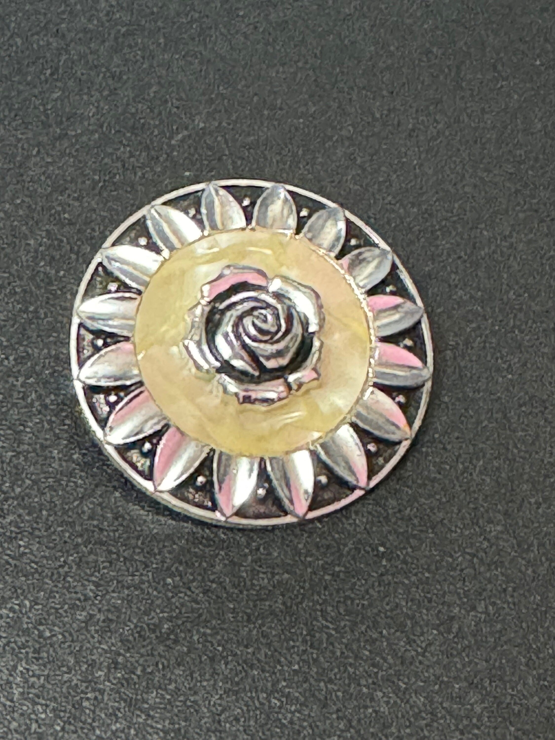 Vintage celluloid silver tone floral rose round Scarf ring clip mid century