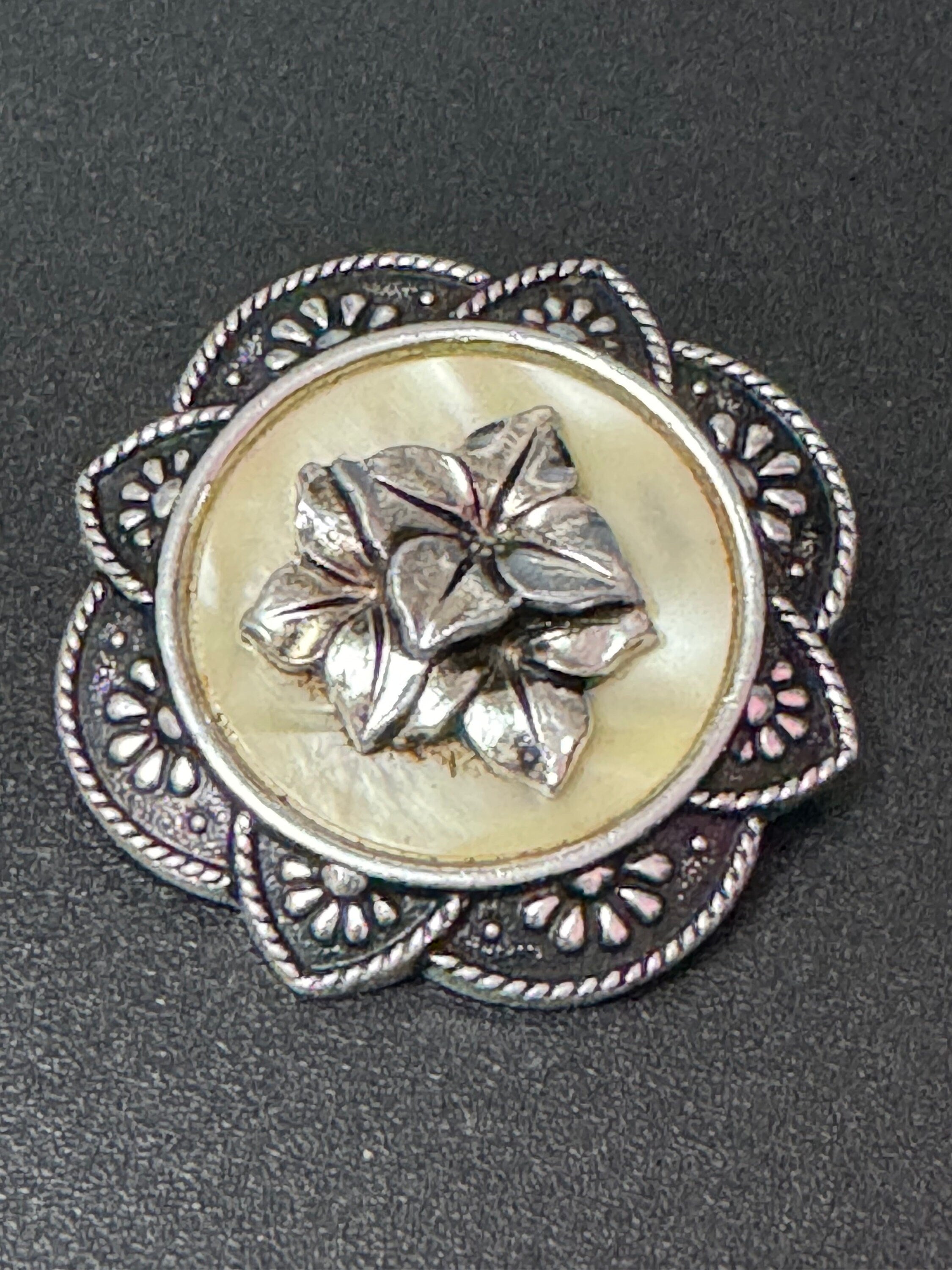 Vintage celluloid silver tone floral rose round Scarf ring clip mid century