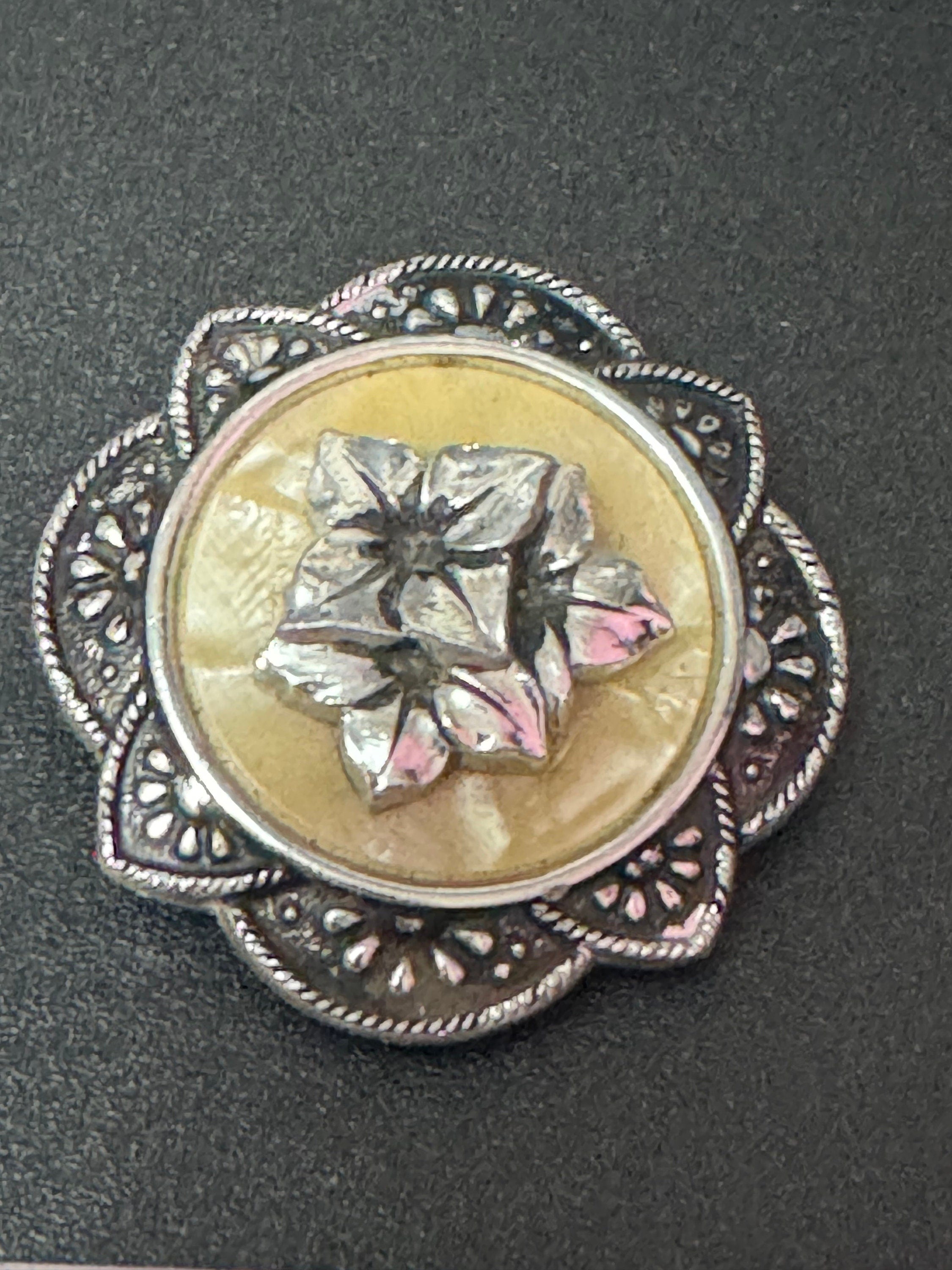 Vintage celluloid silver tone floral rose round Scarf ring clip mid century